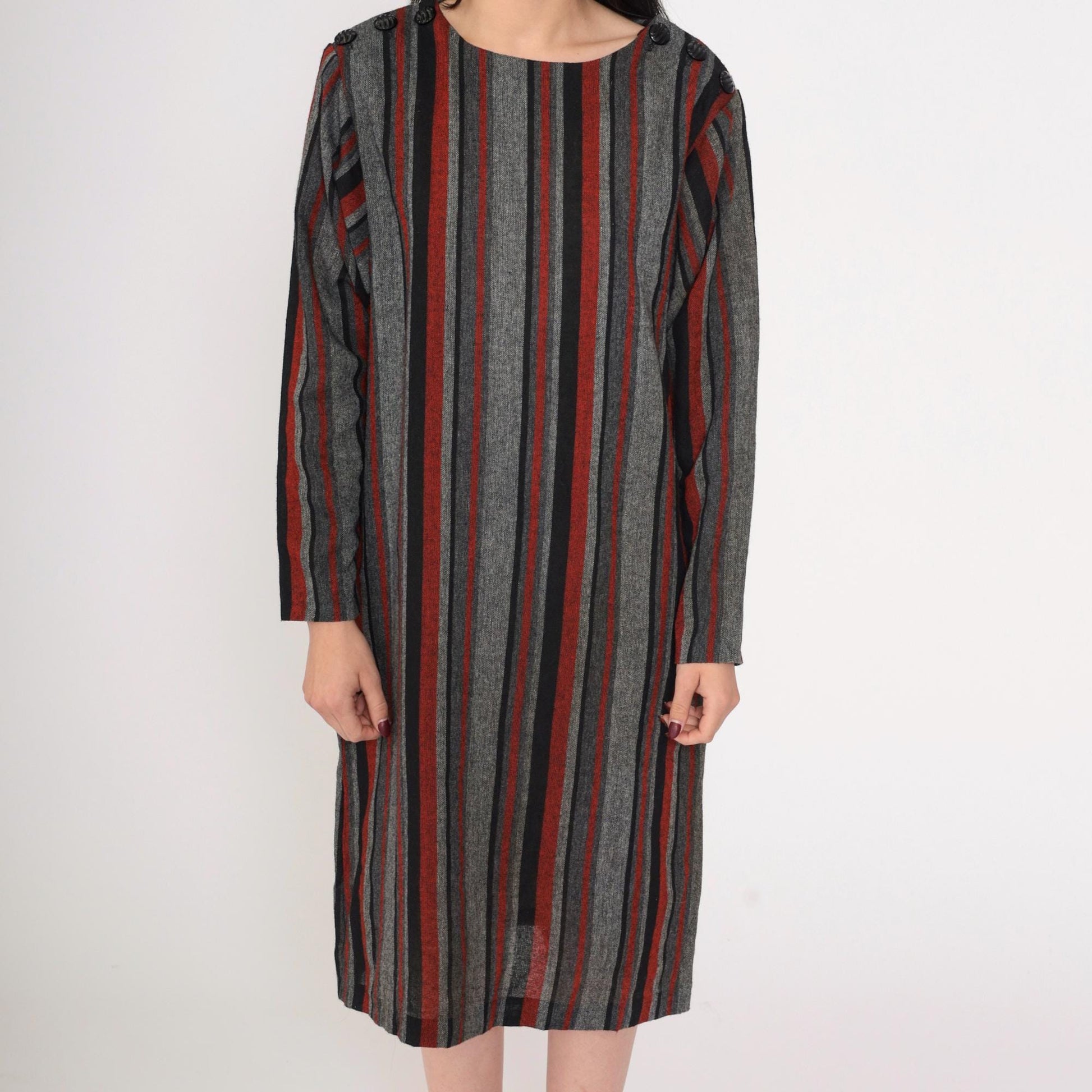 80s Grey Red Striped Midi Shift Dress Button Shoulders Long Sleeve Medium