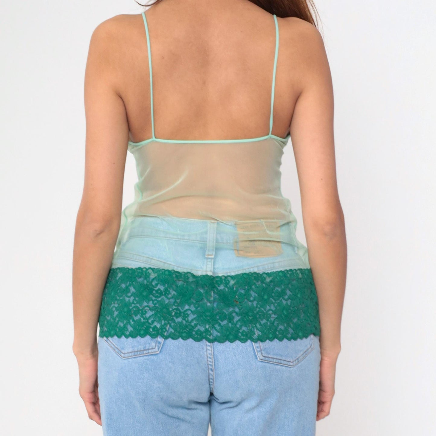Y2K Mint Green Lace Cami Top Sheer Mesh Spaghetti Strap Lingerie Extra Small