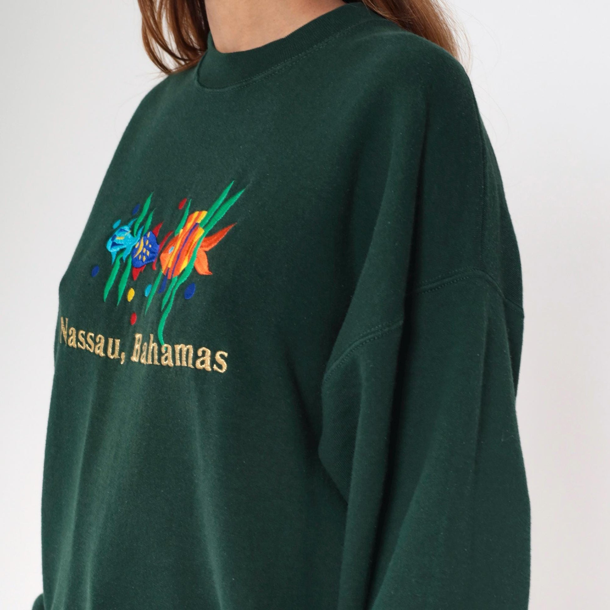 90s Nassau Bahamas Sweatshirt Dark Green Embroidered Fish Crewneck Extra Large XL