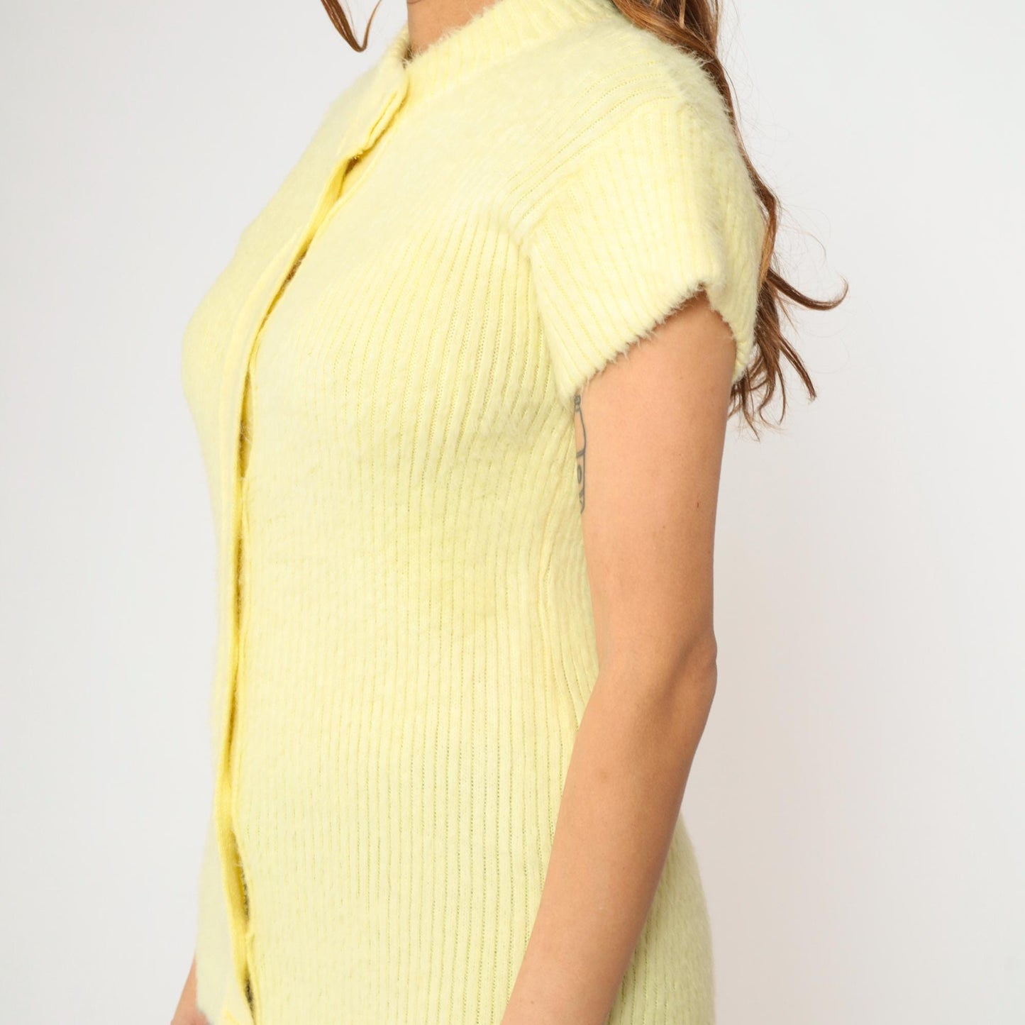 60s Light Yellow Fuzzy Knit Cardigan Short Sleeve Button Up Small S