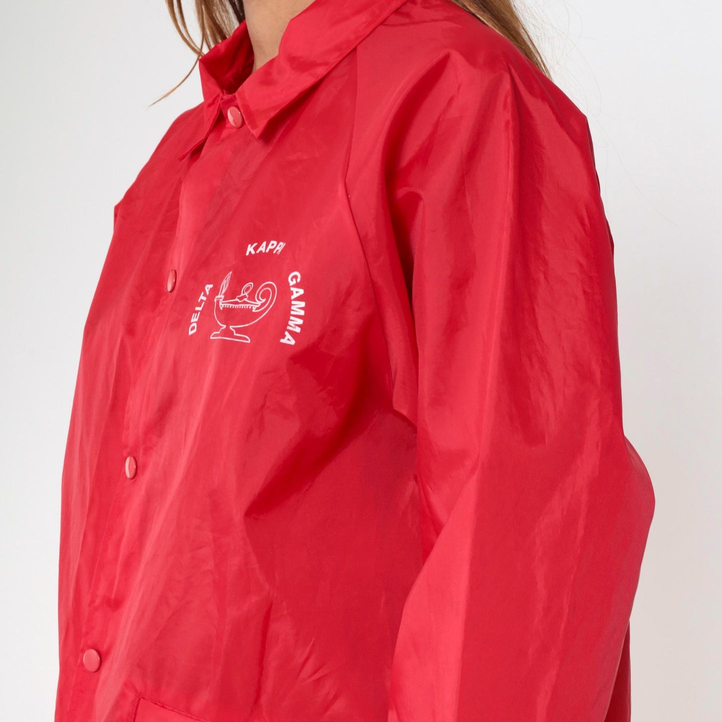 80s Delta Kappa Gamma Red Windbreaker Jacket Snap-Up Raglan Large