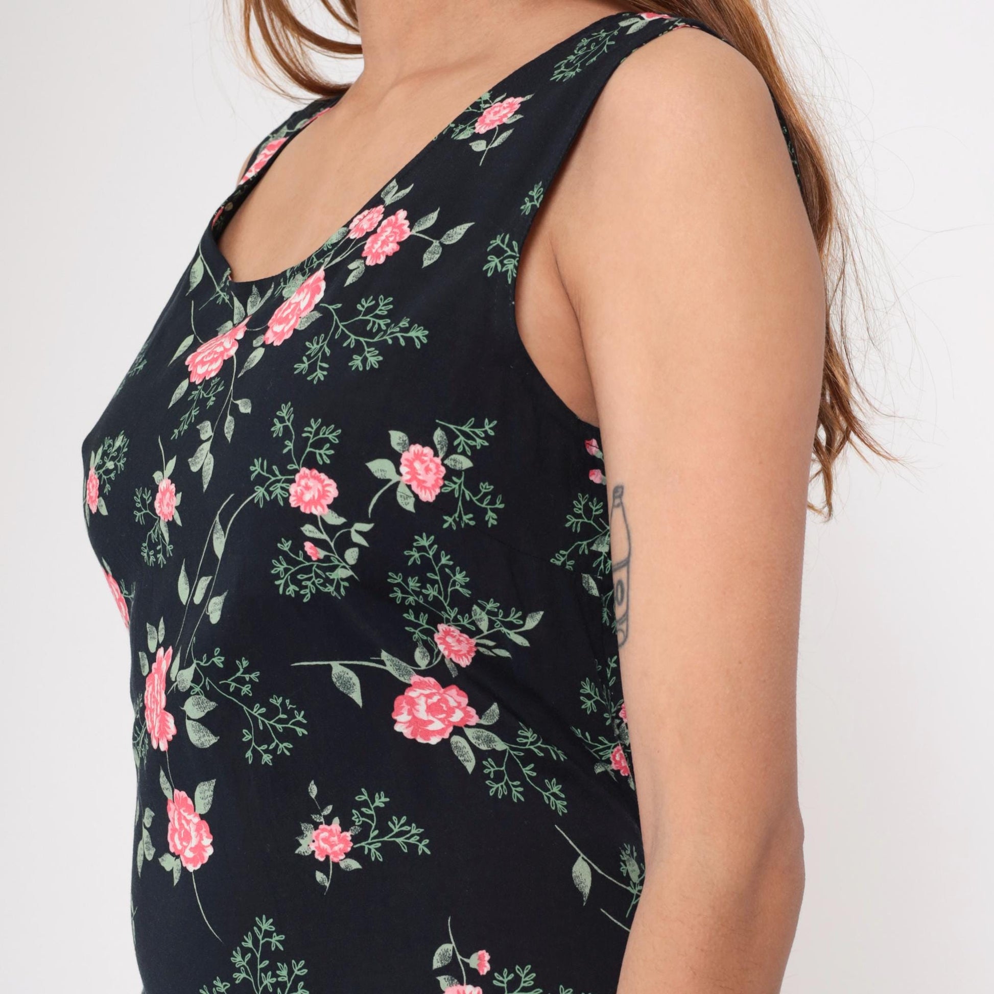 90s Kathie Lee Black Floral Midi Dress Pink Flower Print Sleeveless Medium