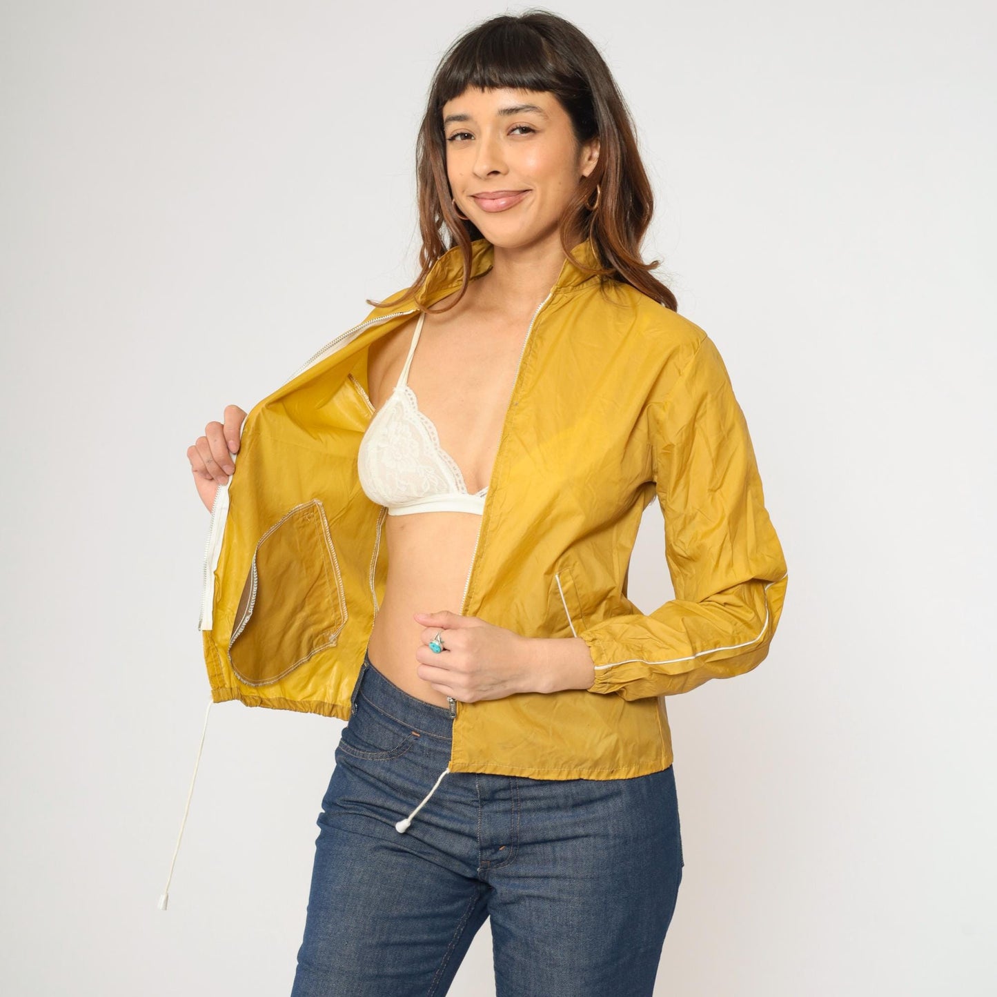 70s Mustard Yellow Windbreaker Jacket Zip Up White Trim Extra Small
