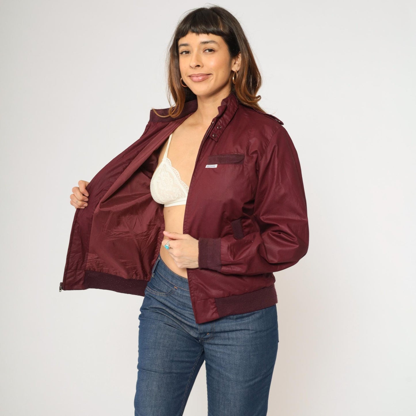 80s Burgundy Windbreaker Jacket 9 to 5 Clock Graphic Epaulette Zip-Up Small