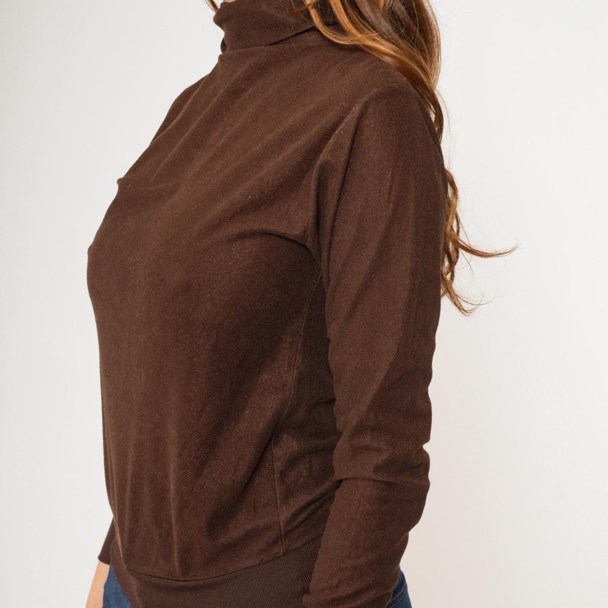 70s Brown Turtleneck Crop Top Long Sleeve Knit Shirt Extra Small XS