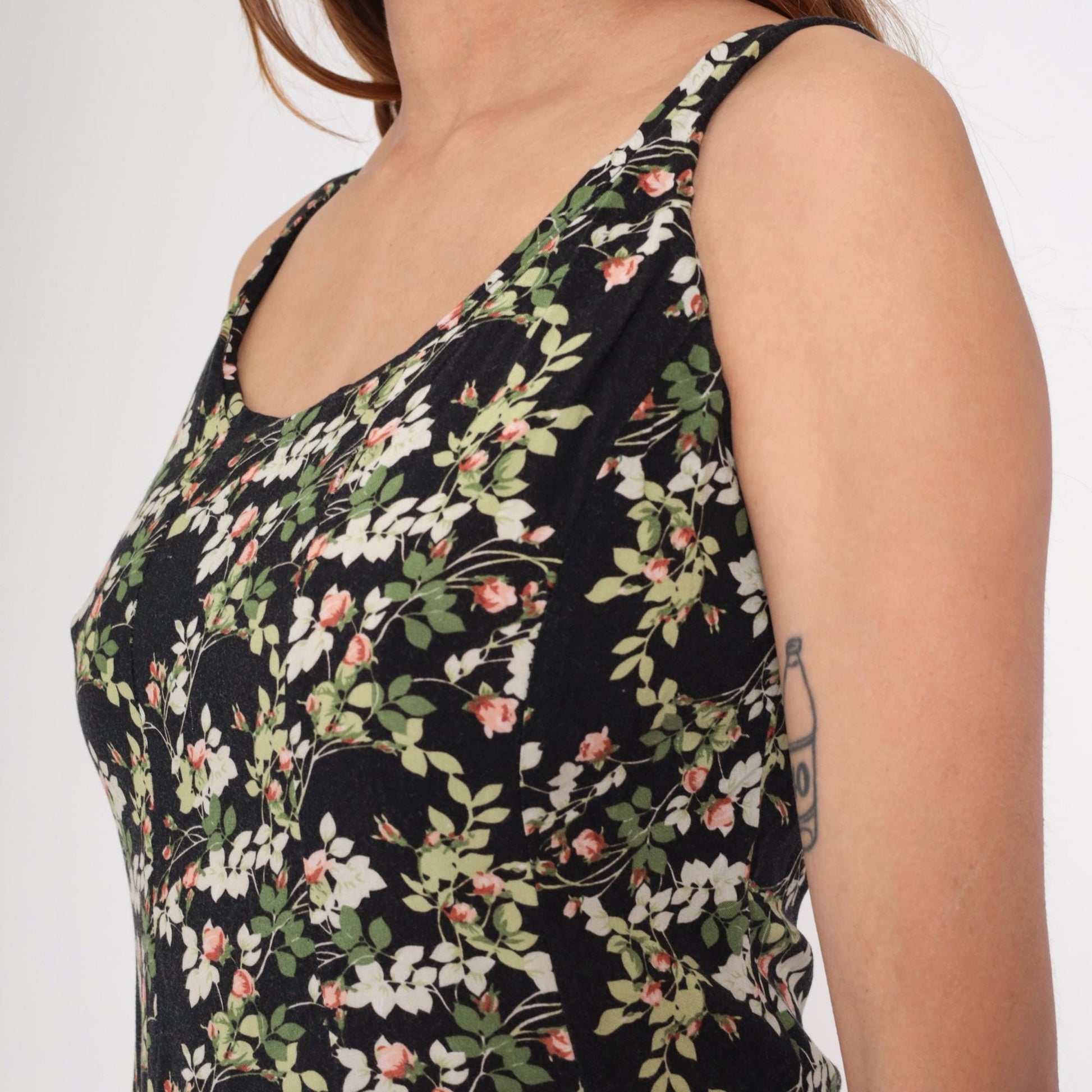 90s Black Floral Mini Dress Sleeveless A-Line Rayon Sundress Small