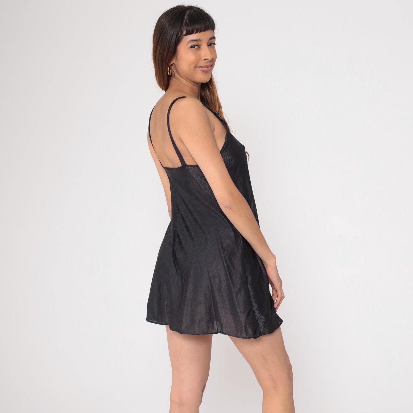 90s Black Slip Dress Spaghetti Strap Bow Mini Nightgown Small