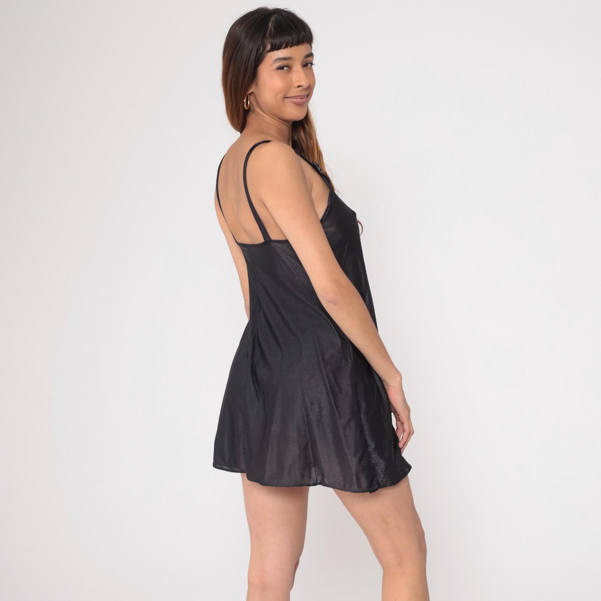 90s Black Slip Dress Spaghetti Strap Bow Mini Nightgown Small