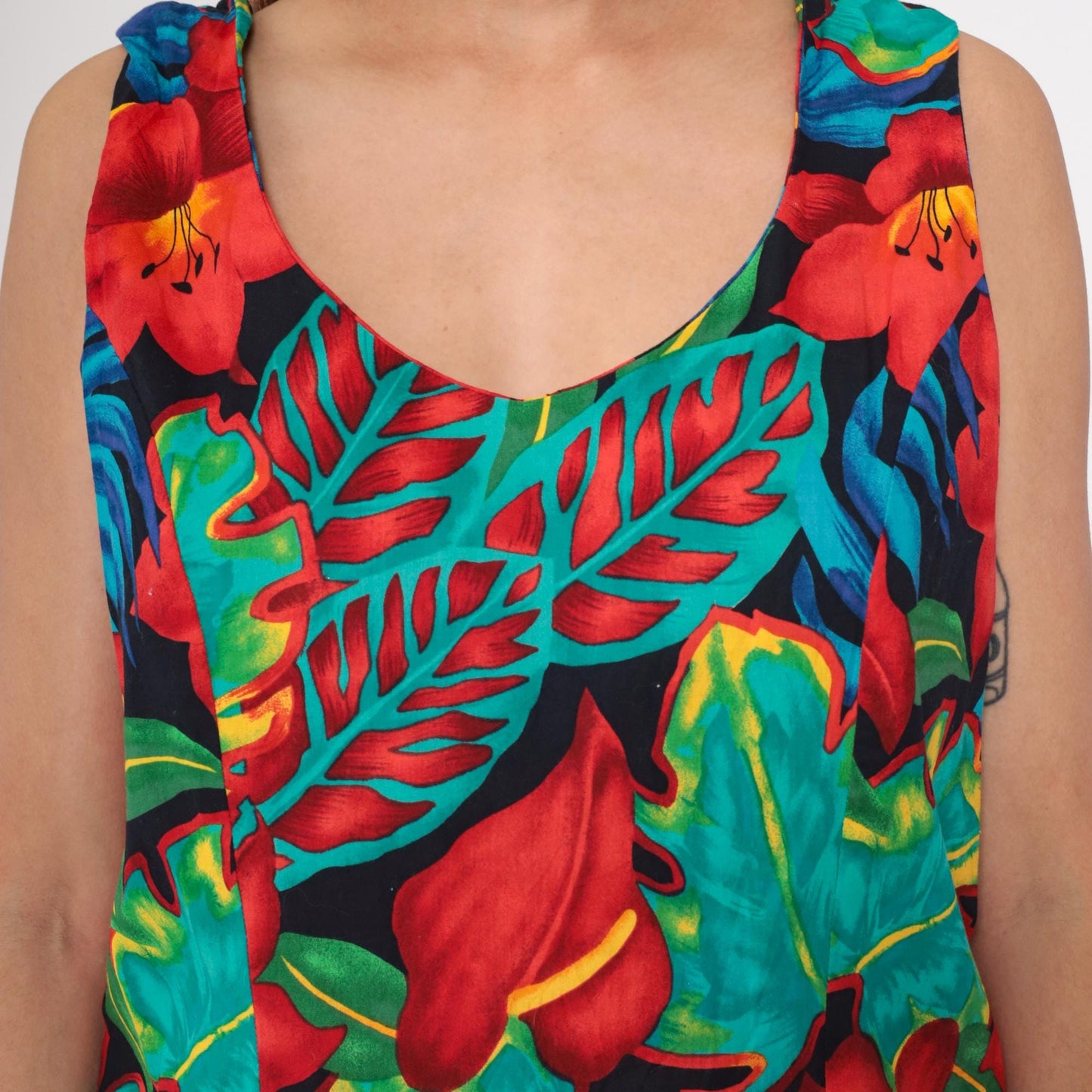 90s Black Tropical Floral Shift Dress Knee Length Sleeveless Large L