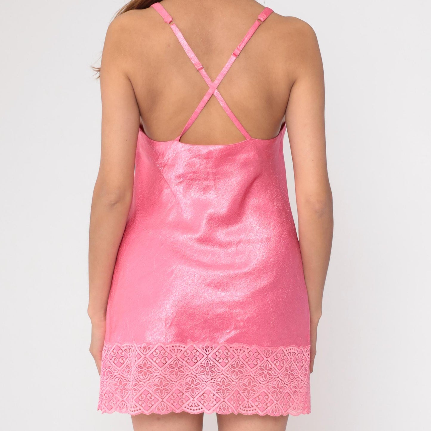 Y2K Victoria's Secret Pink Lace Slip Dress Criss-Cross Spaghetti Strap Small S
