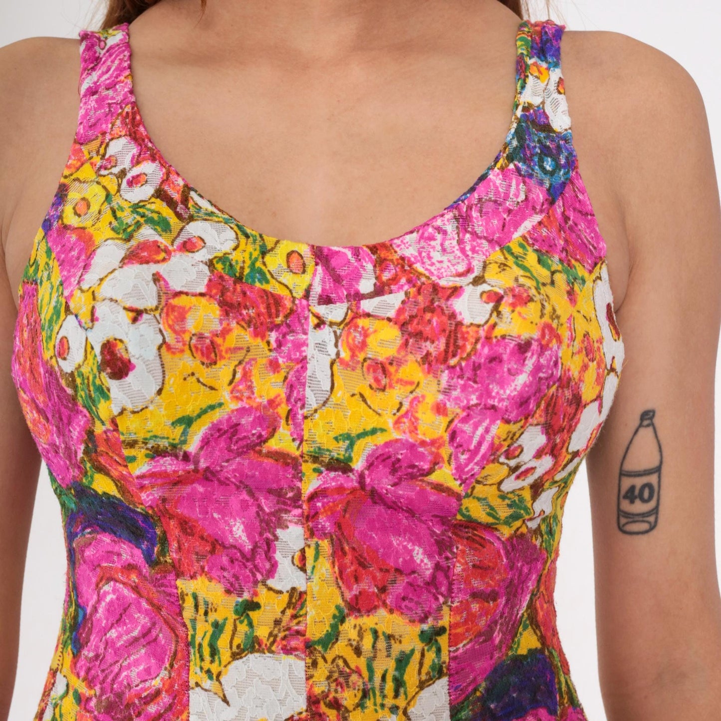 60s Rose Marie Reid One-Piece Bathing Suit Lace Floral Low Back Pink Yellow Small Medium