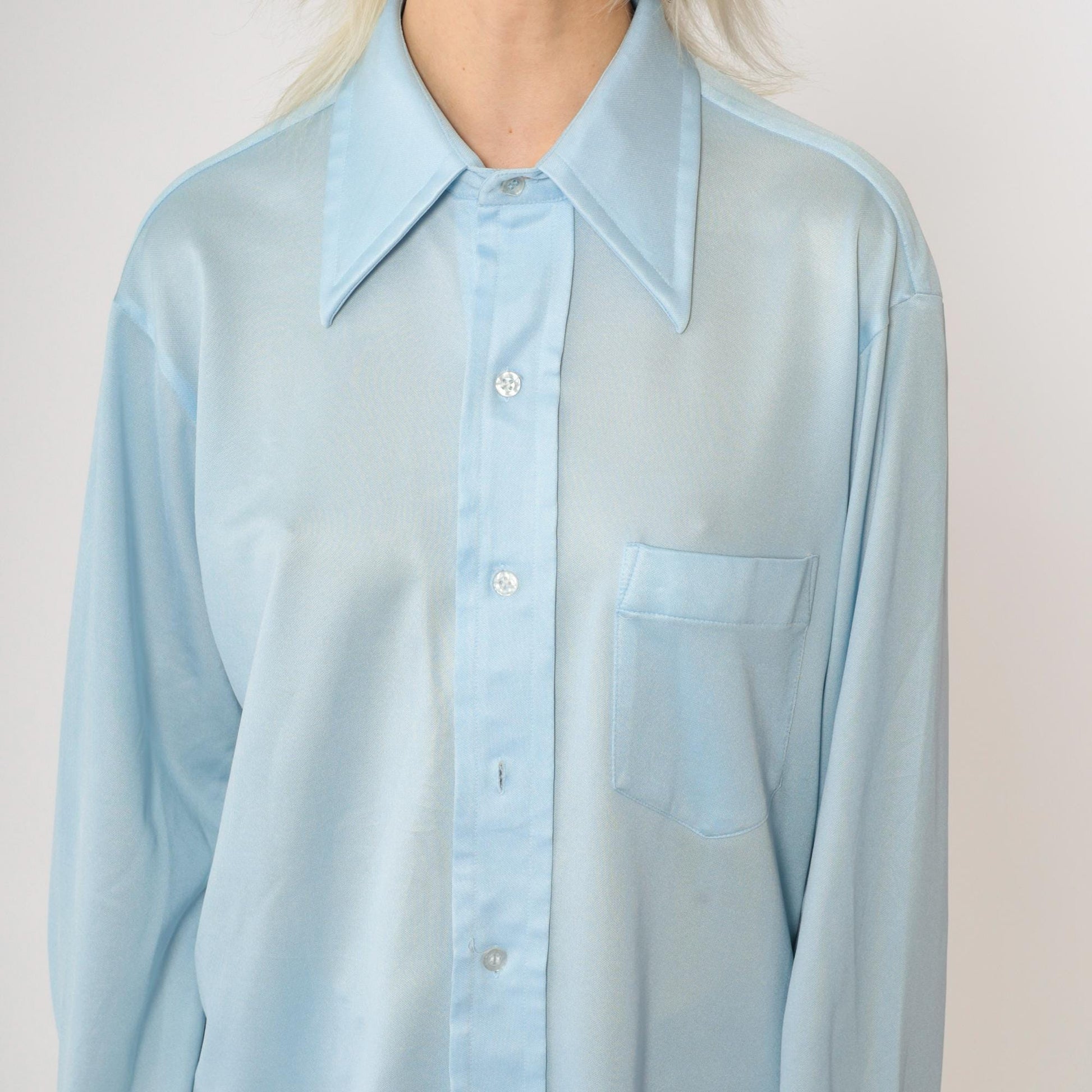 70s Baby Blue Dagger Collar Button-Up Shirt Disco Oxford Long Sleeve Medium