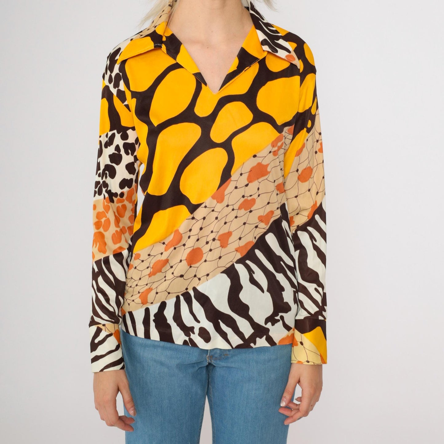 70s Mixed Animal Print Blouse Long Sleeve V-Neck Yellow Brown Small