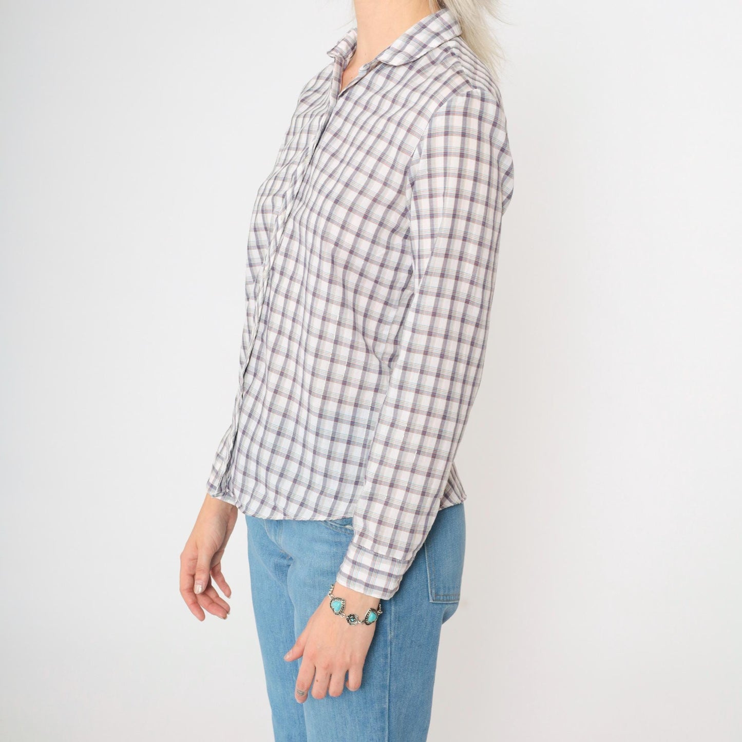 80s Metallic Plaid Button-Up Blouse Long Sleeve Shirt Extra Small XS