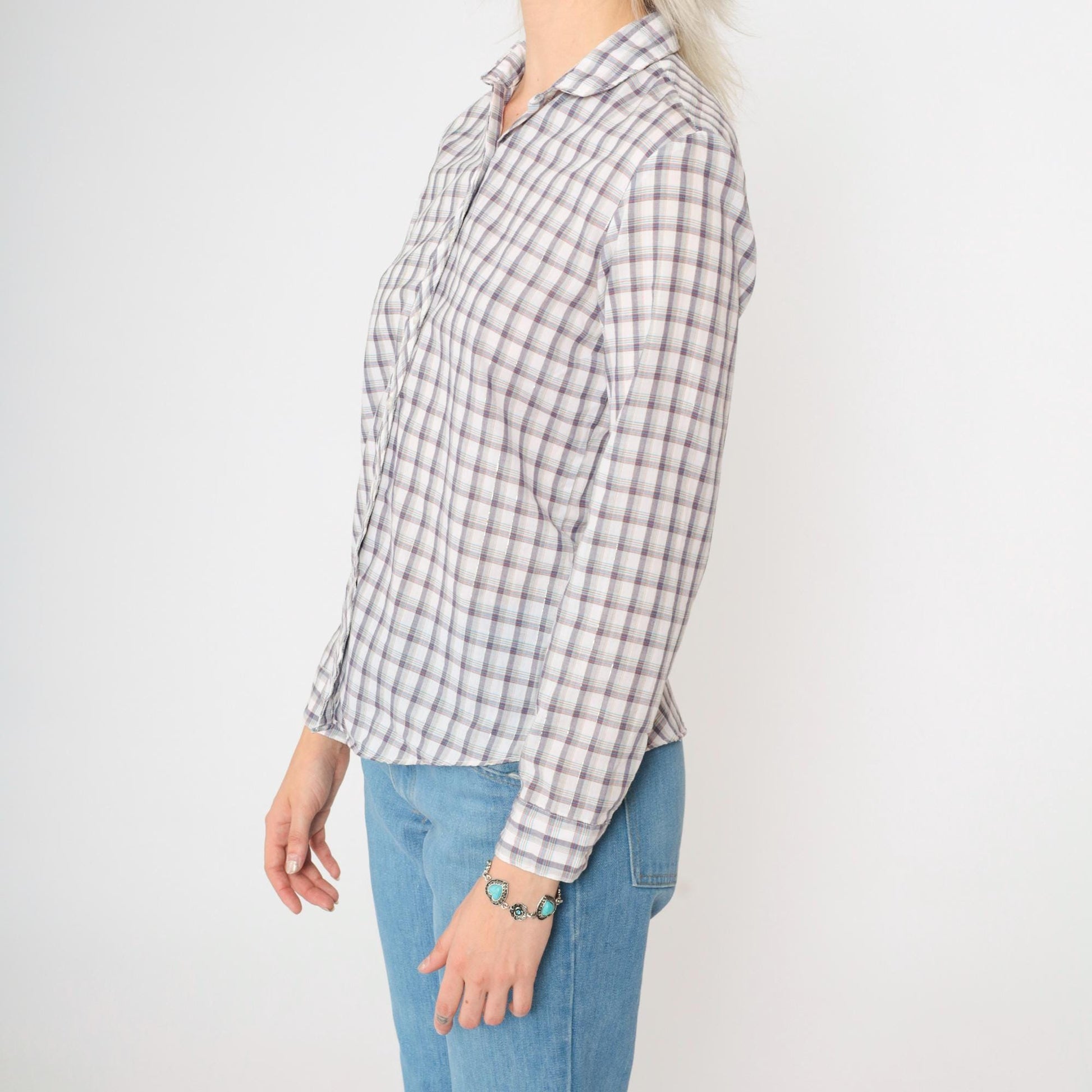 80s Metallic Plaid Button-Up Blouse Long Sleeve Shirt Extra Small XS
