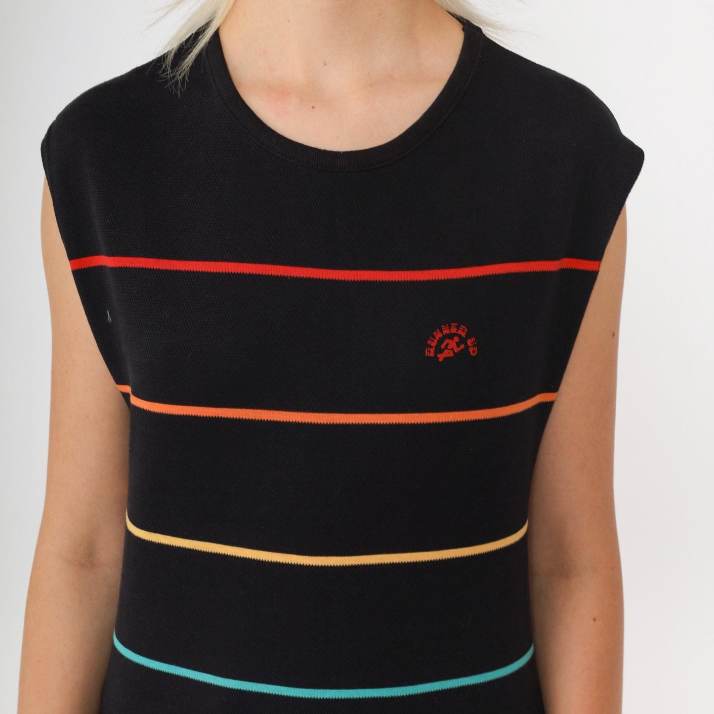 80s Runners Up Rainbow Striped Tank Top Black Muscle Shirt Small