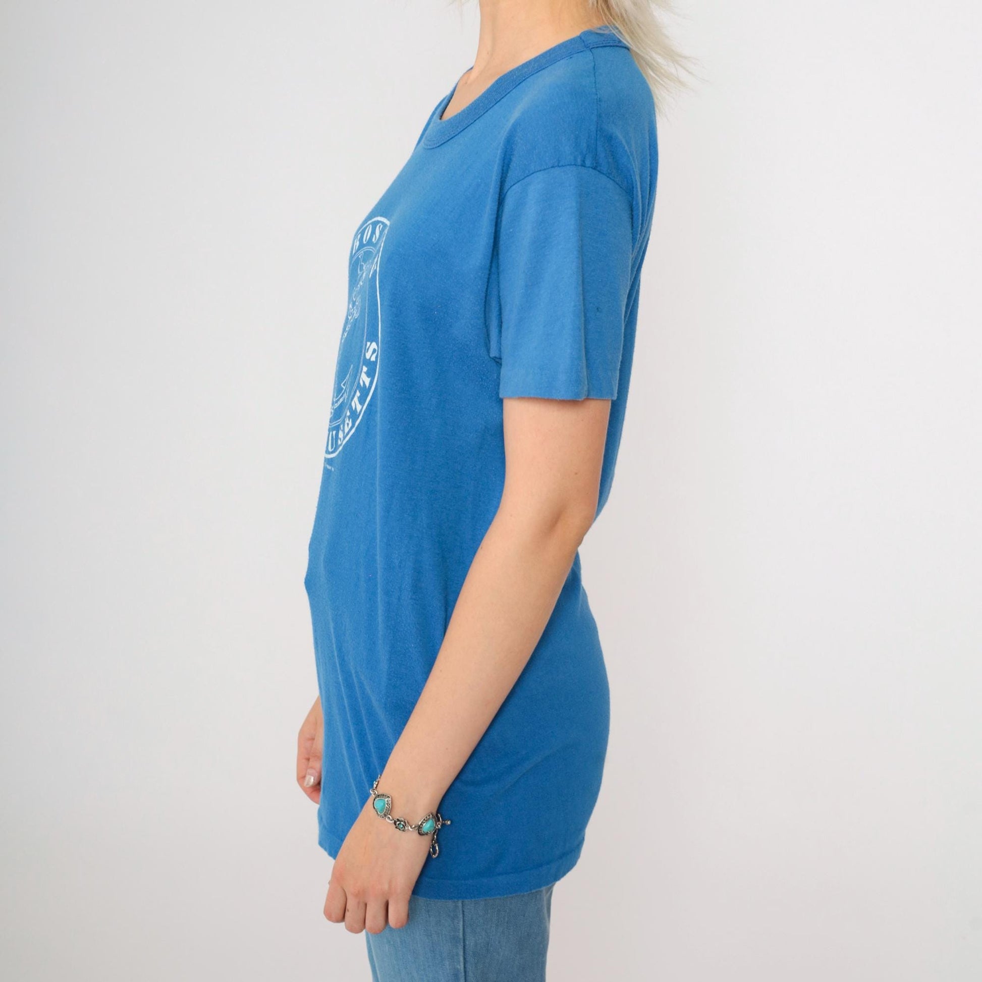 80s Boston Anchor Graphic T-Shirt Blue Single Stitch Tee Small