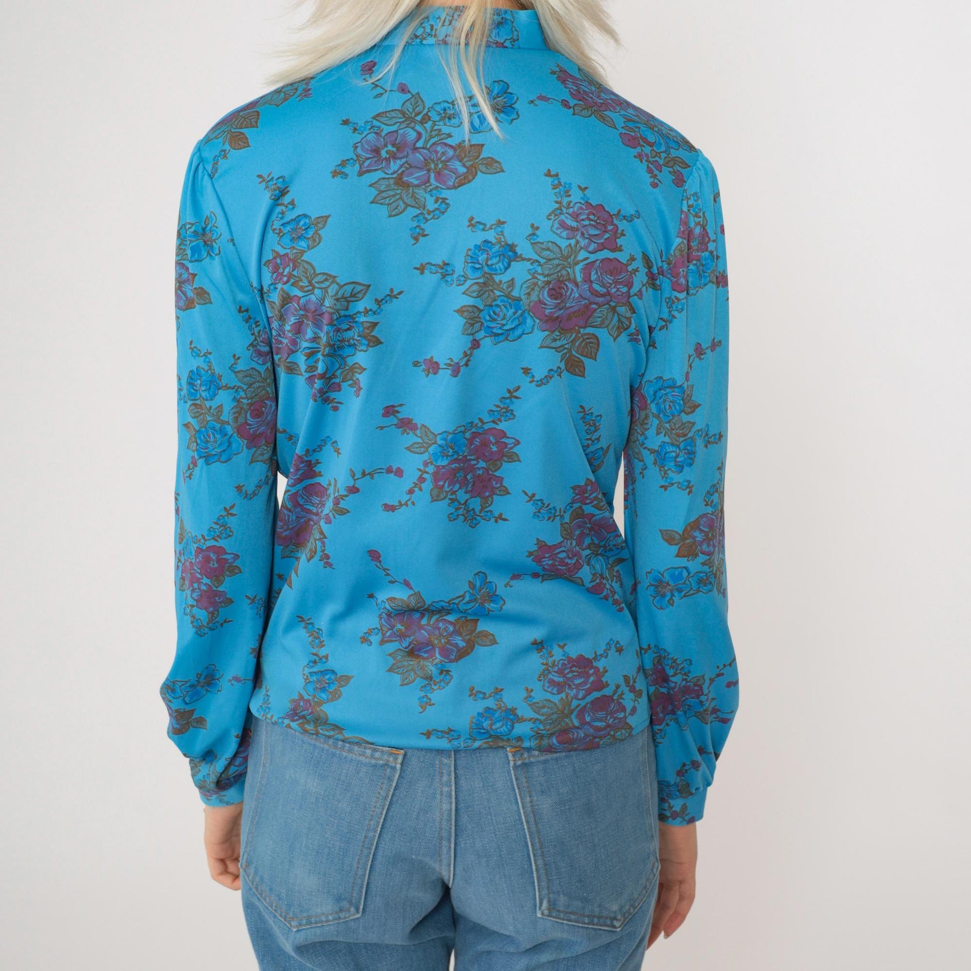 70s Blue Floral Ascot Blouse Button-Up Long Sleeve Shirt Small