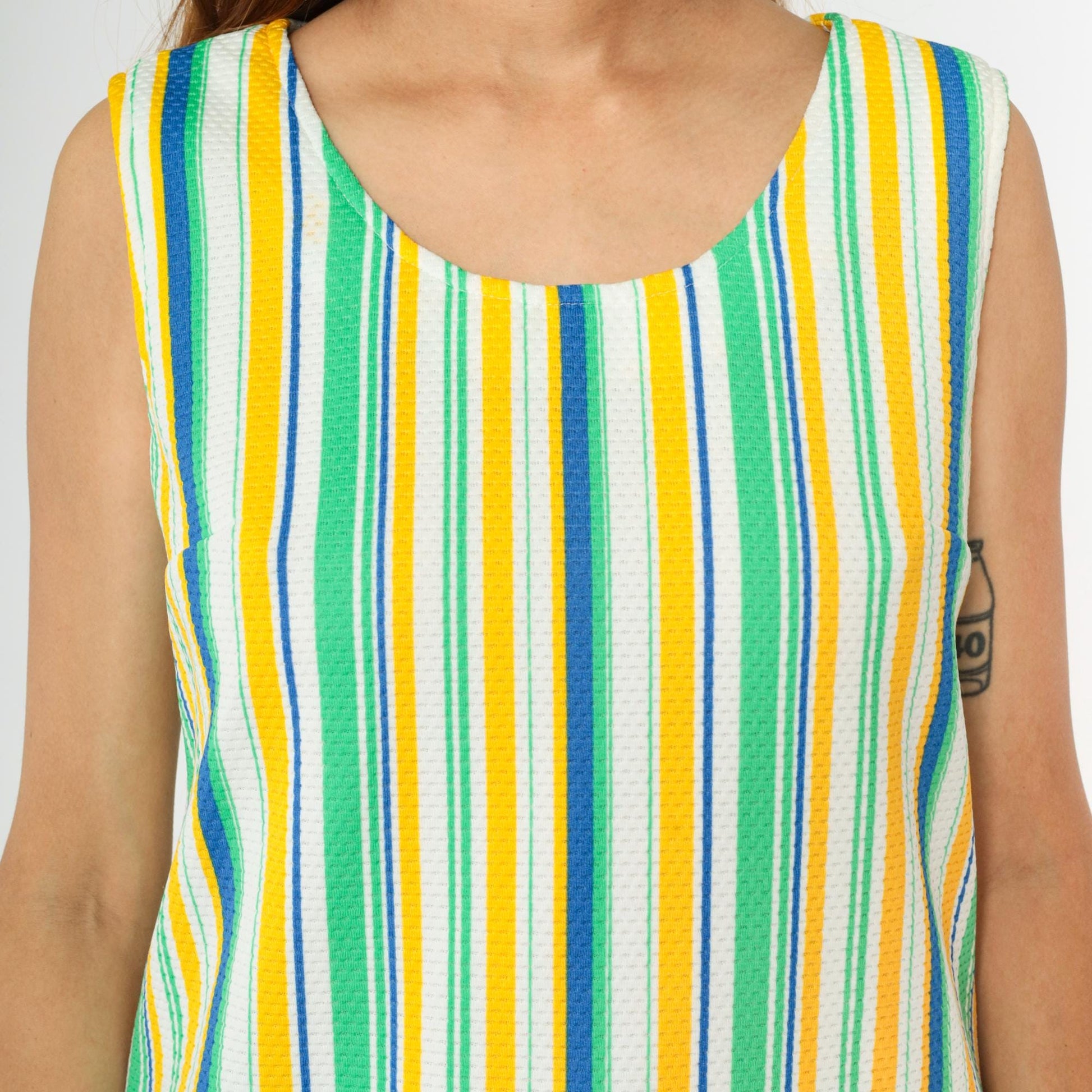 70s Striped Tank Top Scoop Neck Sleeveless Blouse Yellow Green Blue Small