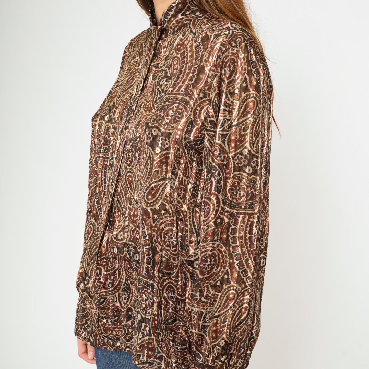 80s Yves St. Clair Paisley Puff Sleeve Blouse Metallic High Collar Large