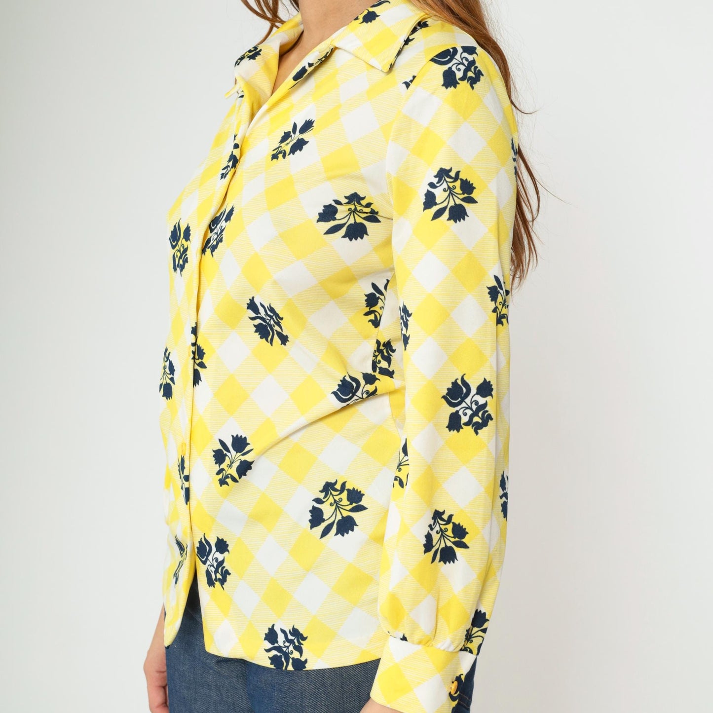 70s Checkered Floral Yellow Button-Up Blouse Long Sleeve Collared Shirt Small