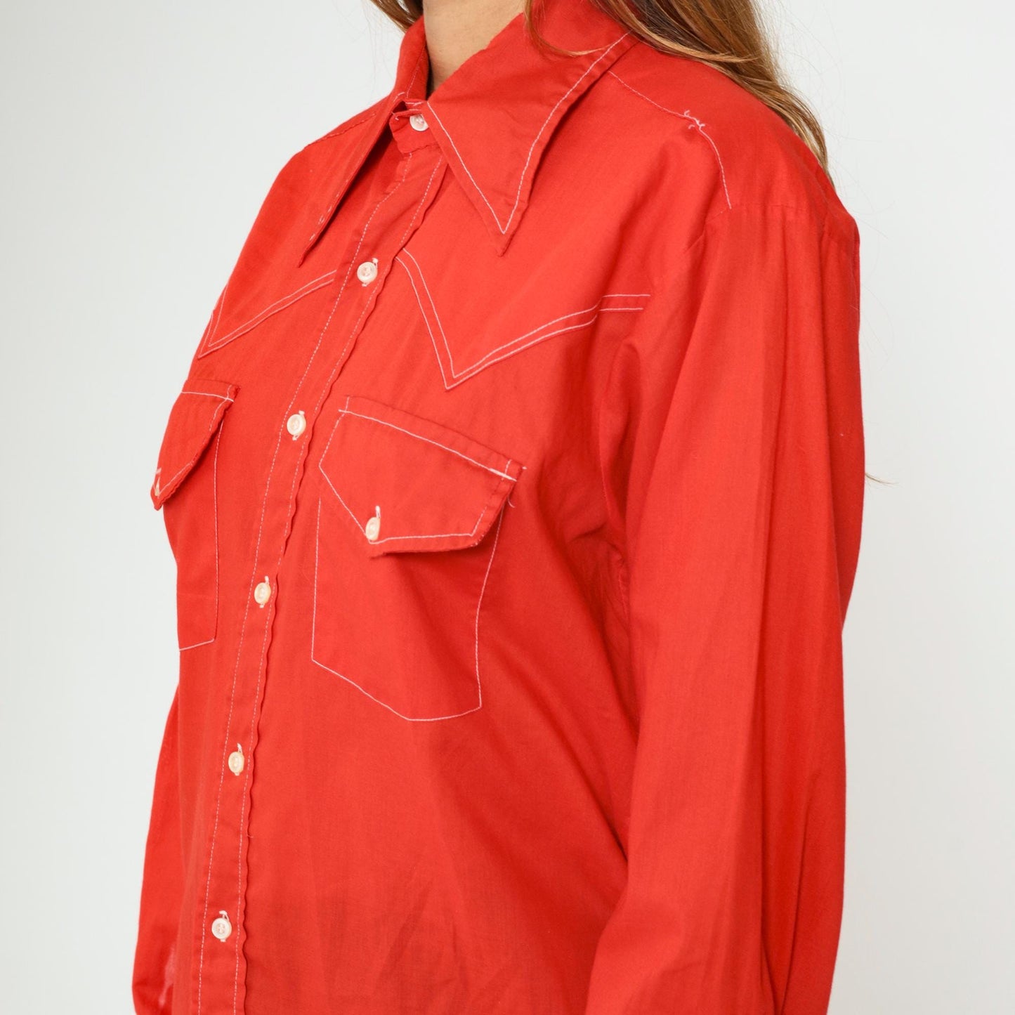 70s Van Cort Western Shirt Red Dagger Collar Topstitch Button Up Large