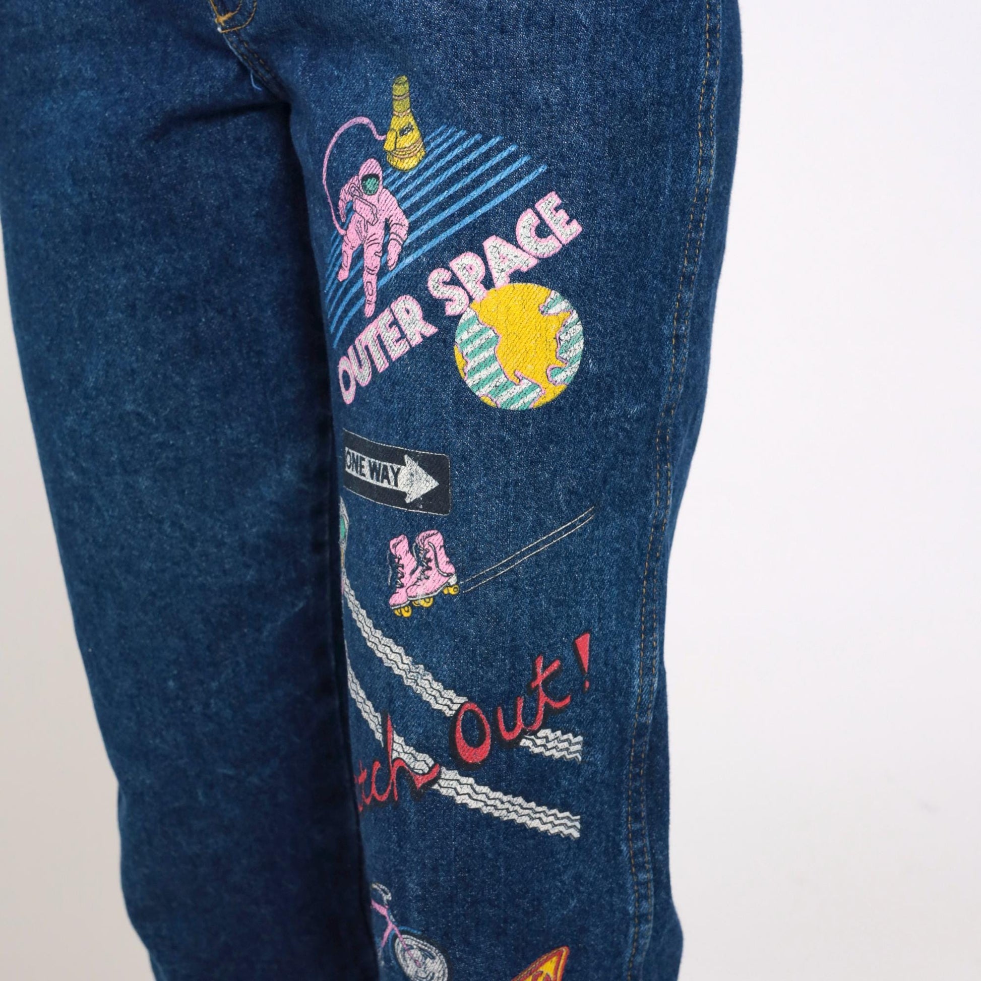90s Astronaut Roller Skate Graphic High-Waist Jeans Dark Blue Denim Extra Small