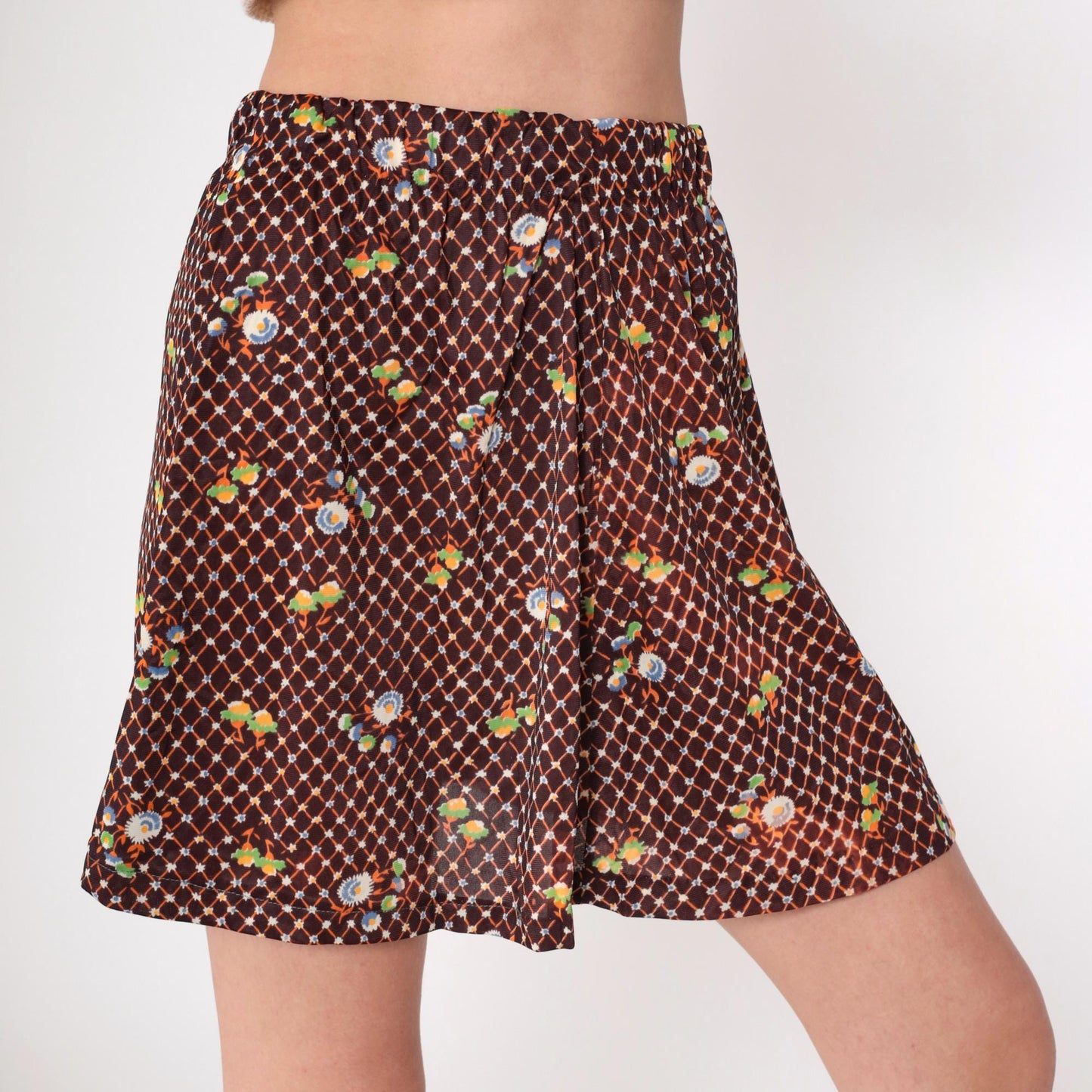70s Brown Floral Checkered Mini Skirt High Waist A-Line Small