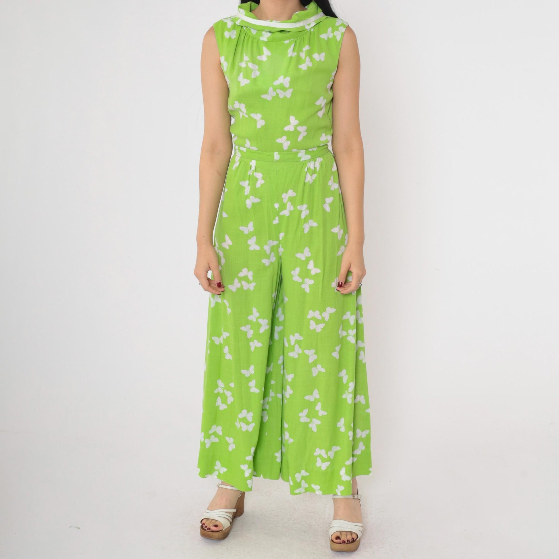70s Butterfly Jumpsuit Wide Leg Sleeveless Mock Neck Green Small