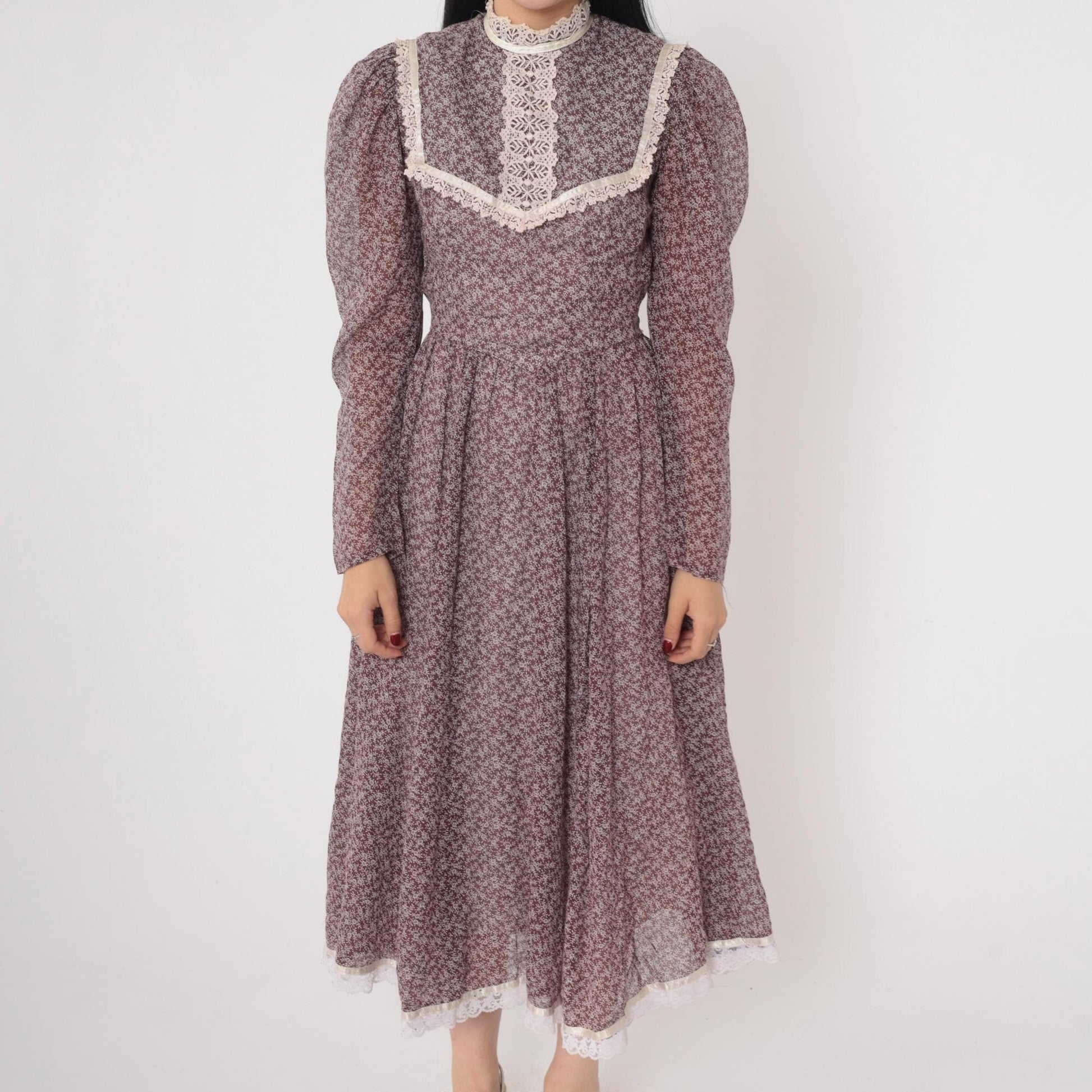 70s Gunne Sax Prairie Midi Dress Brown Floral Calico Lace Bib Puff Sleeve Extra Small