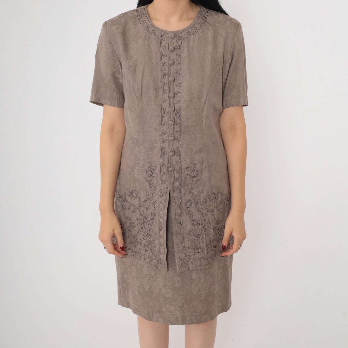 90s Brown Floral Soutache Sheath Dress Short Sleeve Knee-Length Small