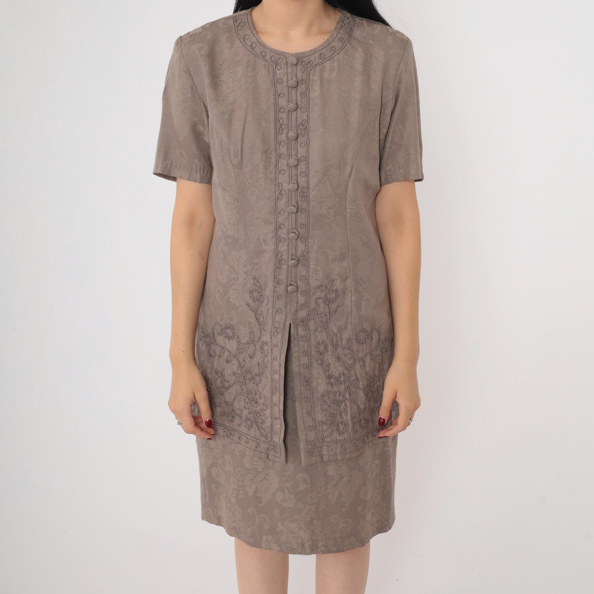 90s Brown Floral Soutache Sheath Dress Short Sleeve Knee-Length Small
