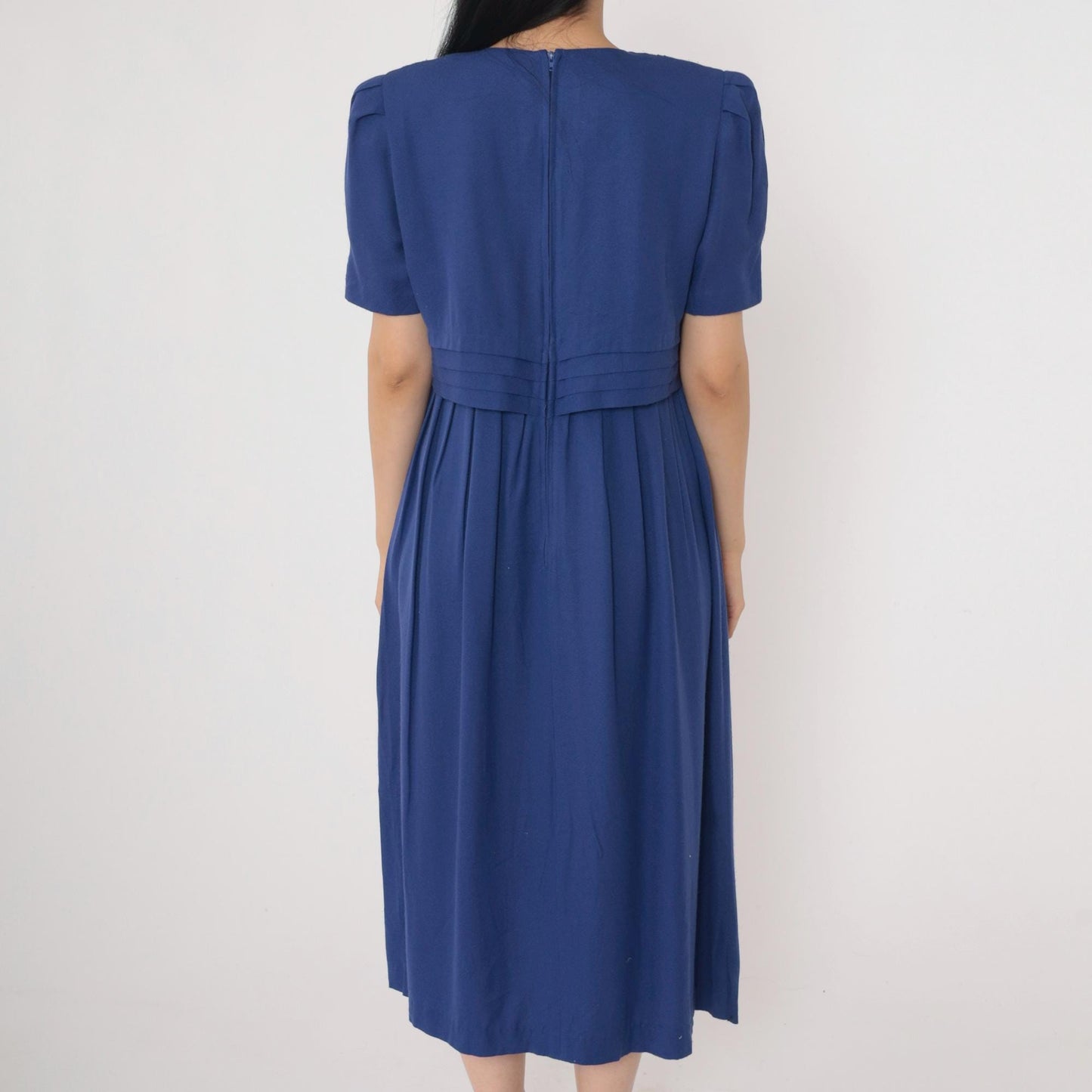 90s Karin Stevens Indigo Beaded Midi Dress Puff Sleeve High Waist Medium