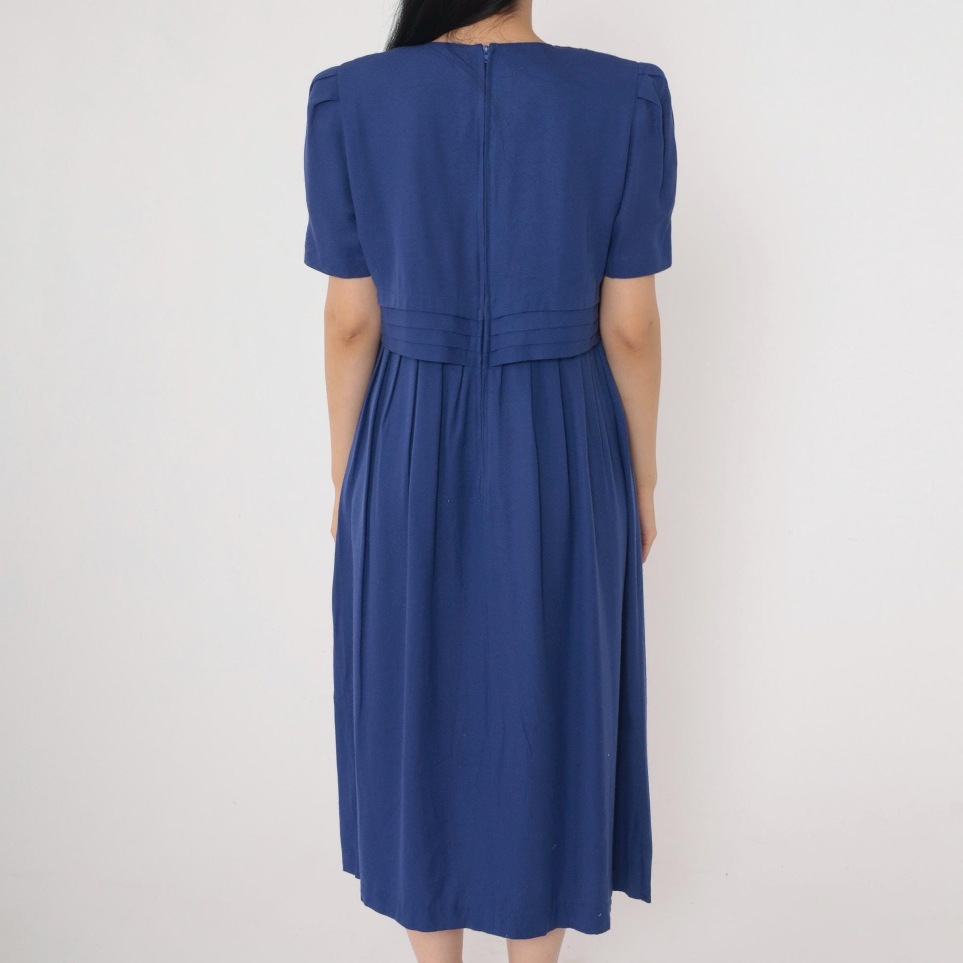 90s Karin Stevens Indigo Beaded Midi Dress Puff Sleeve High Waist Medium