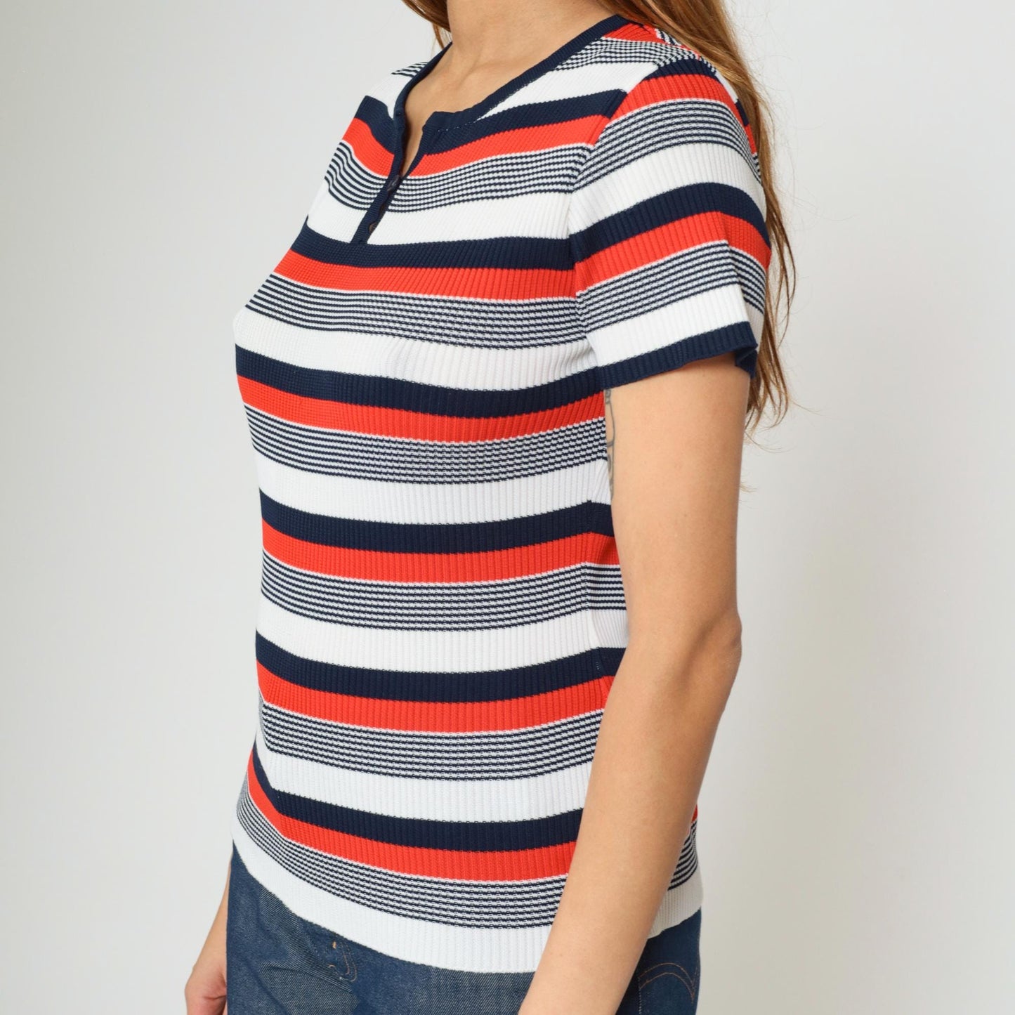 70s Striped Keyhole Neck Blouse Red White Navy Short Sleeve Small Medium