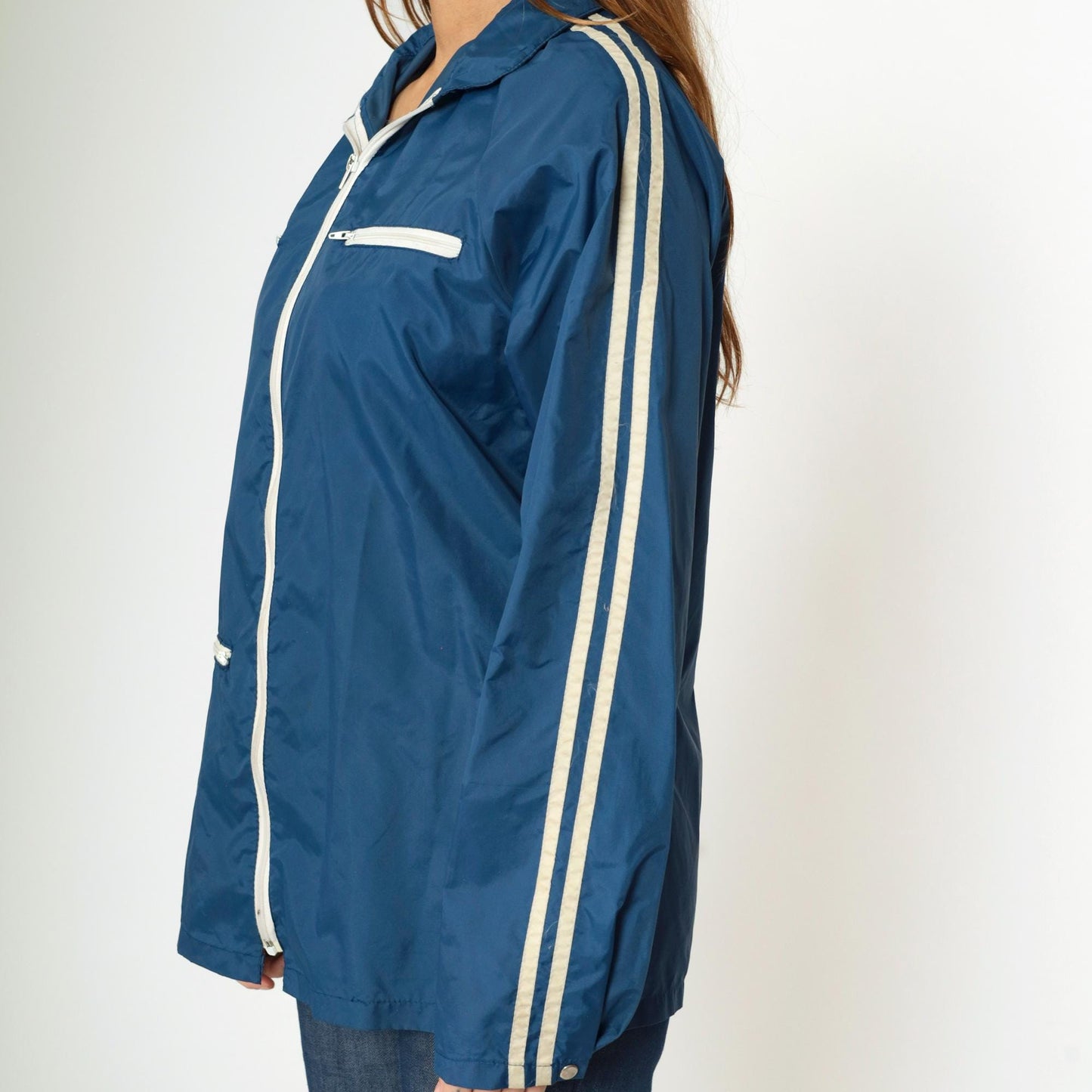70s Windbreaker Jacket Dark Blue White Striped Raglan Zip Unisex Medium Large