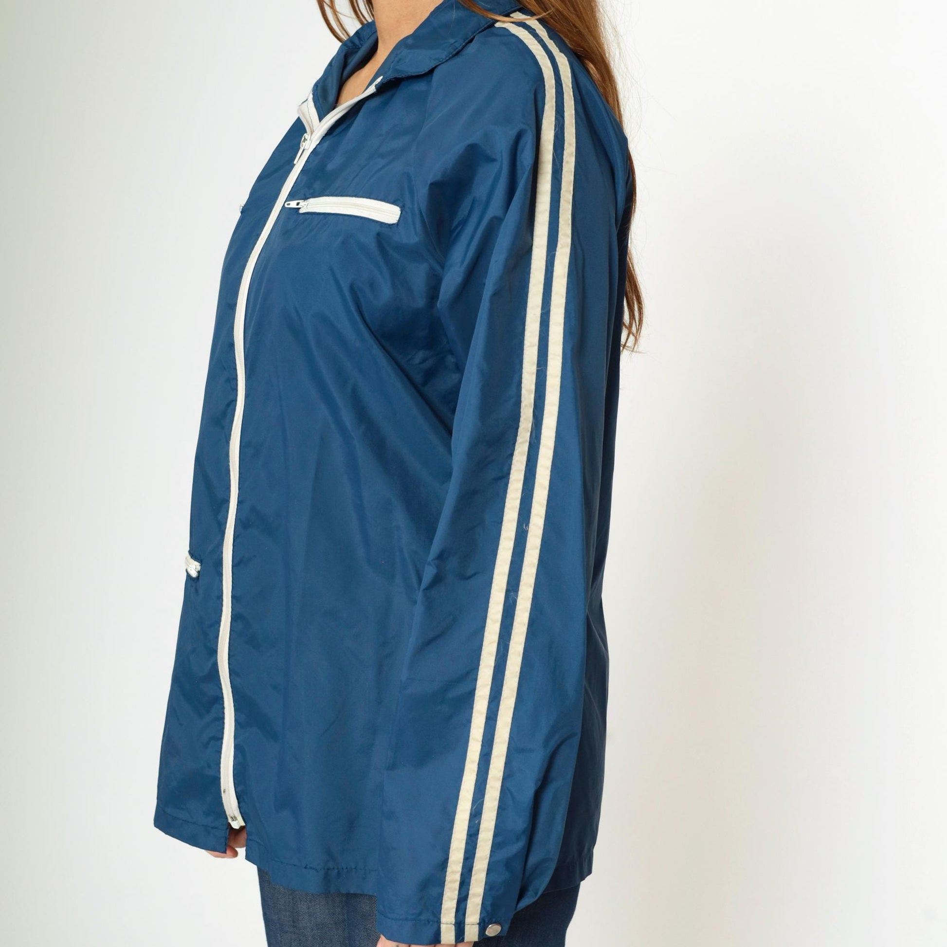 70s Windbreaker Jacket Dark Blue White Striped Raglan Zip Unisex Medium Large