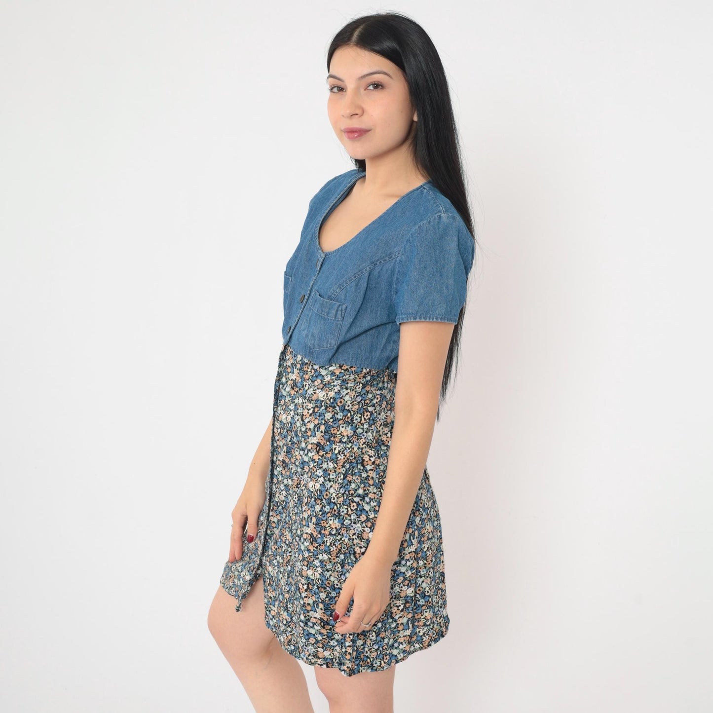90s All That Jazz Floral Denim Mini Dress High Waist Button Up Blue Medium