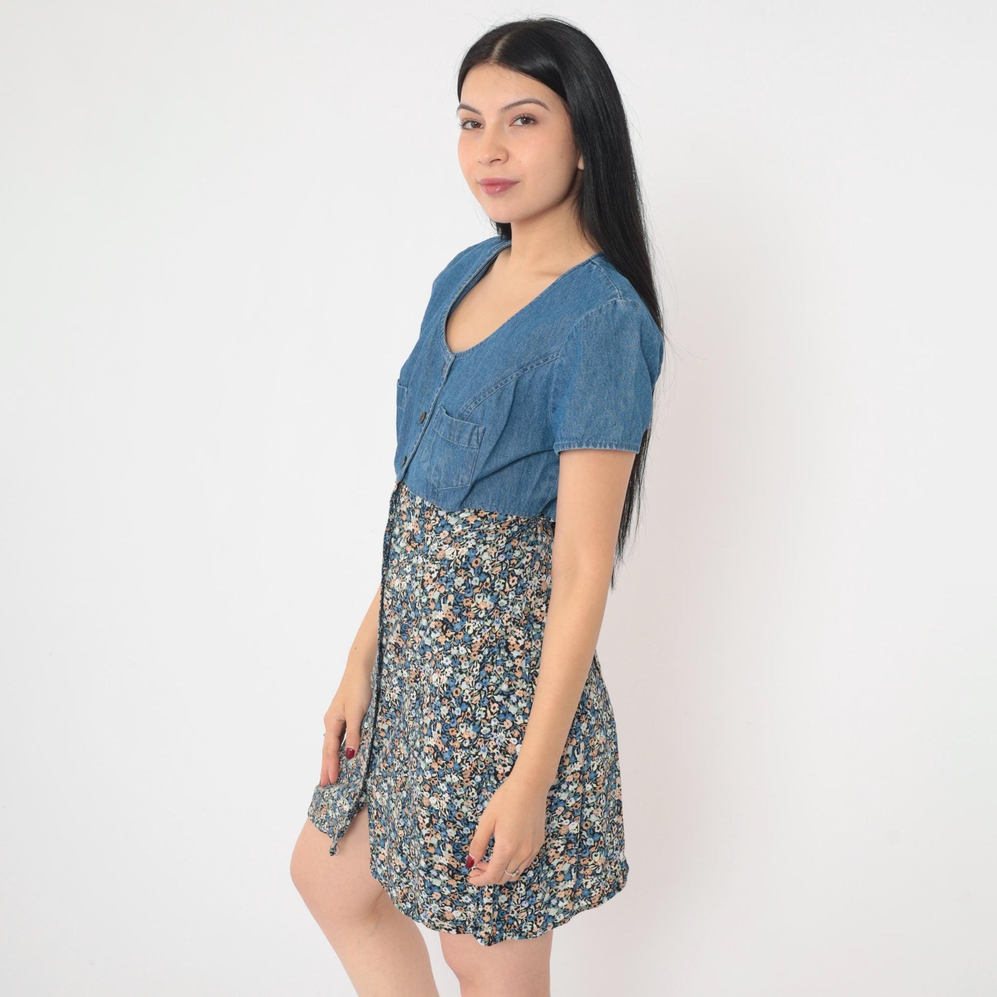 90s All That Jazz Floral Denim Mini Dress High Waist Button Up Blue Medium