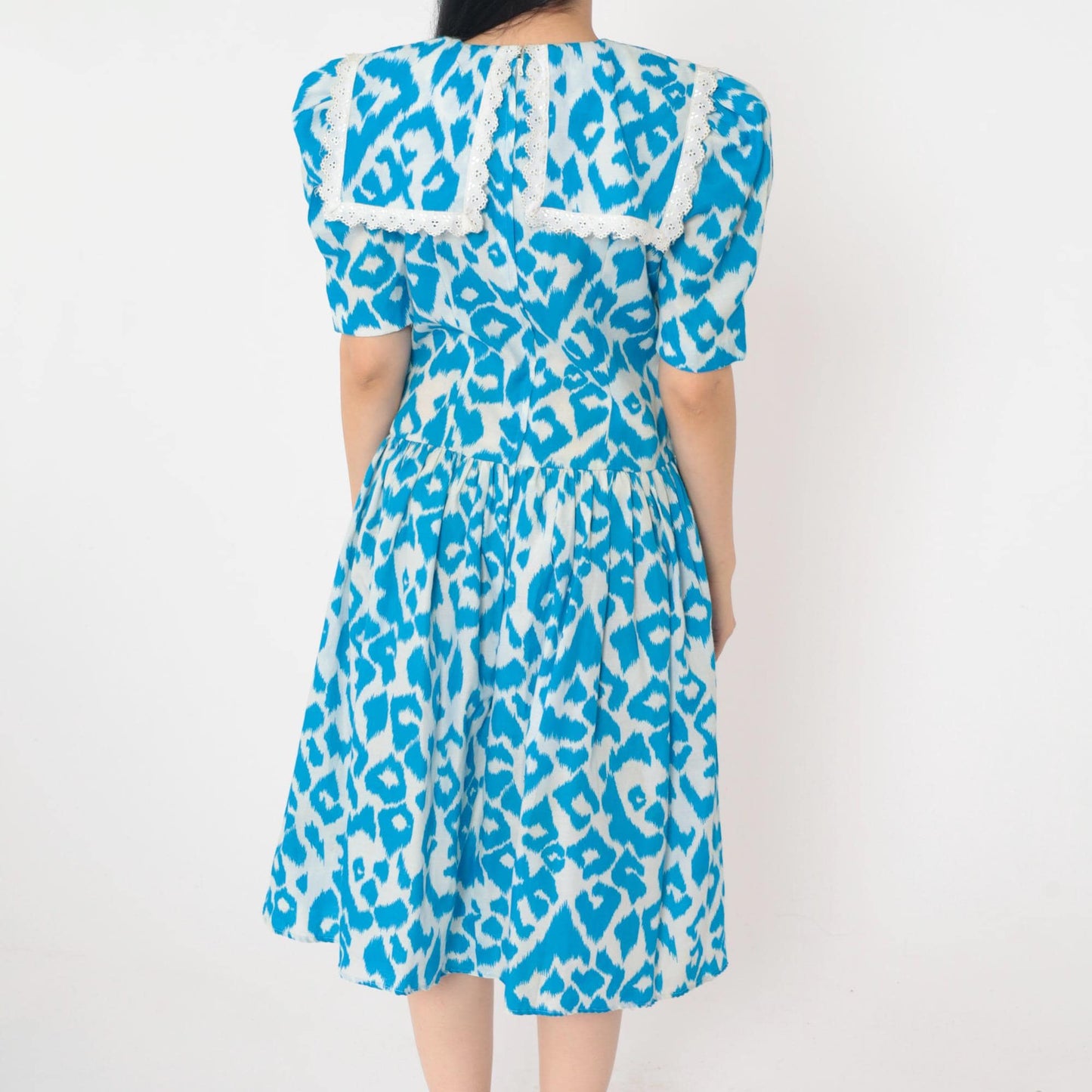 80s Blue Leopard Print Fit and Flare Midi Dress Sailor Collar Puff Sleeve Medium