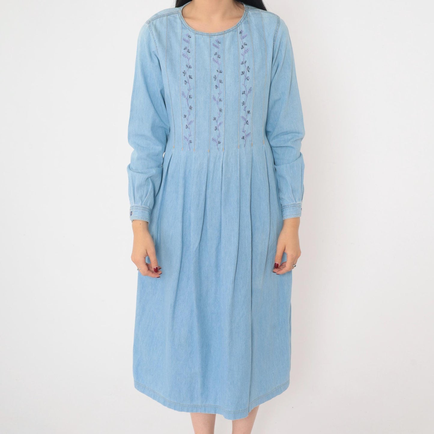 90s Lizwear Floral Embroidered Denim Midi Dress High Waist Pleated Small