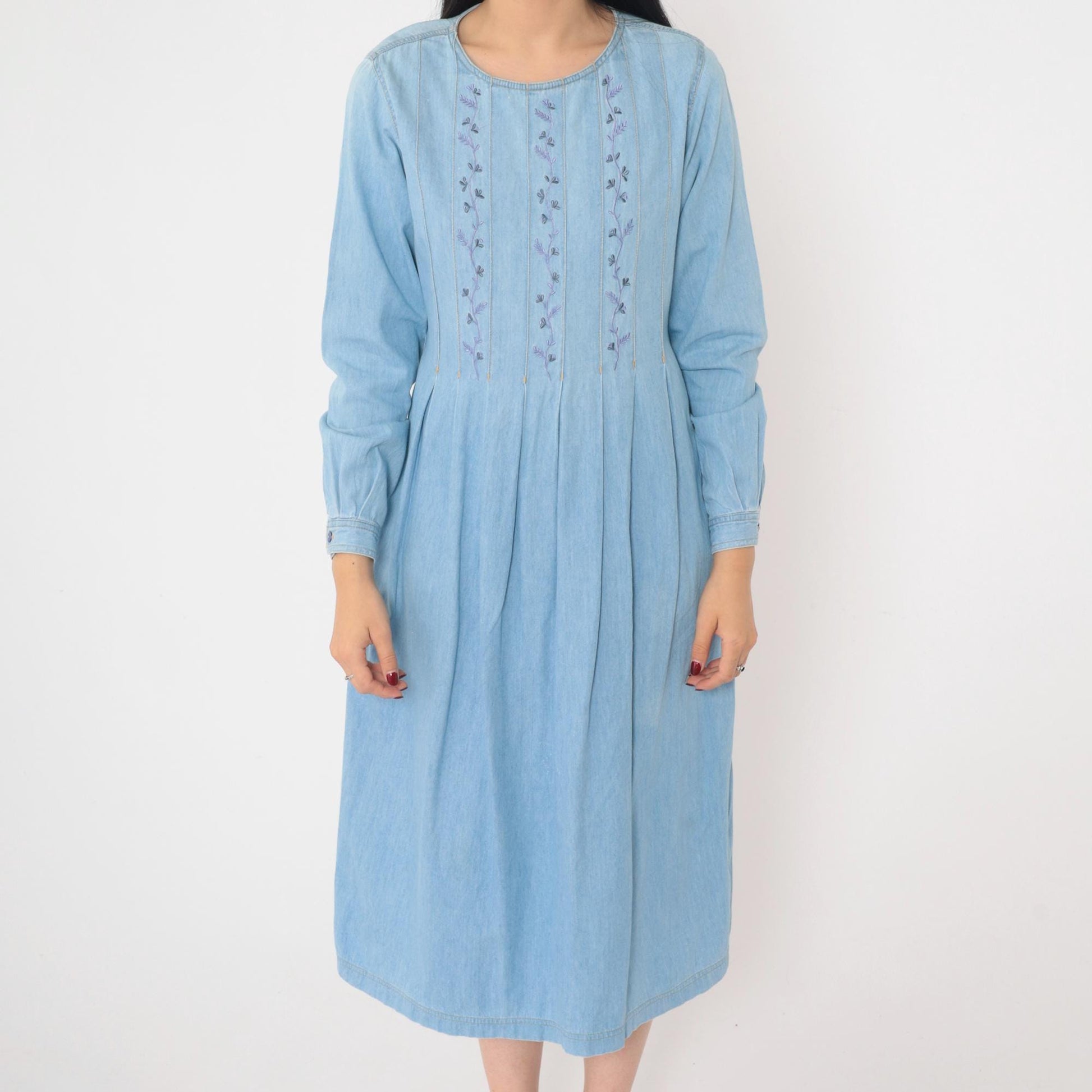 90s Lizwear Floral Embroidered Denim Midi Dress High Waist Pleated Small