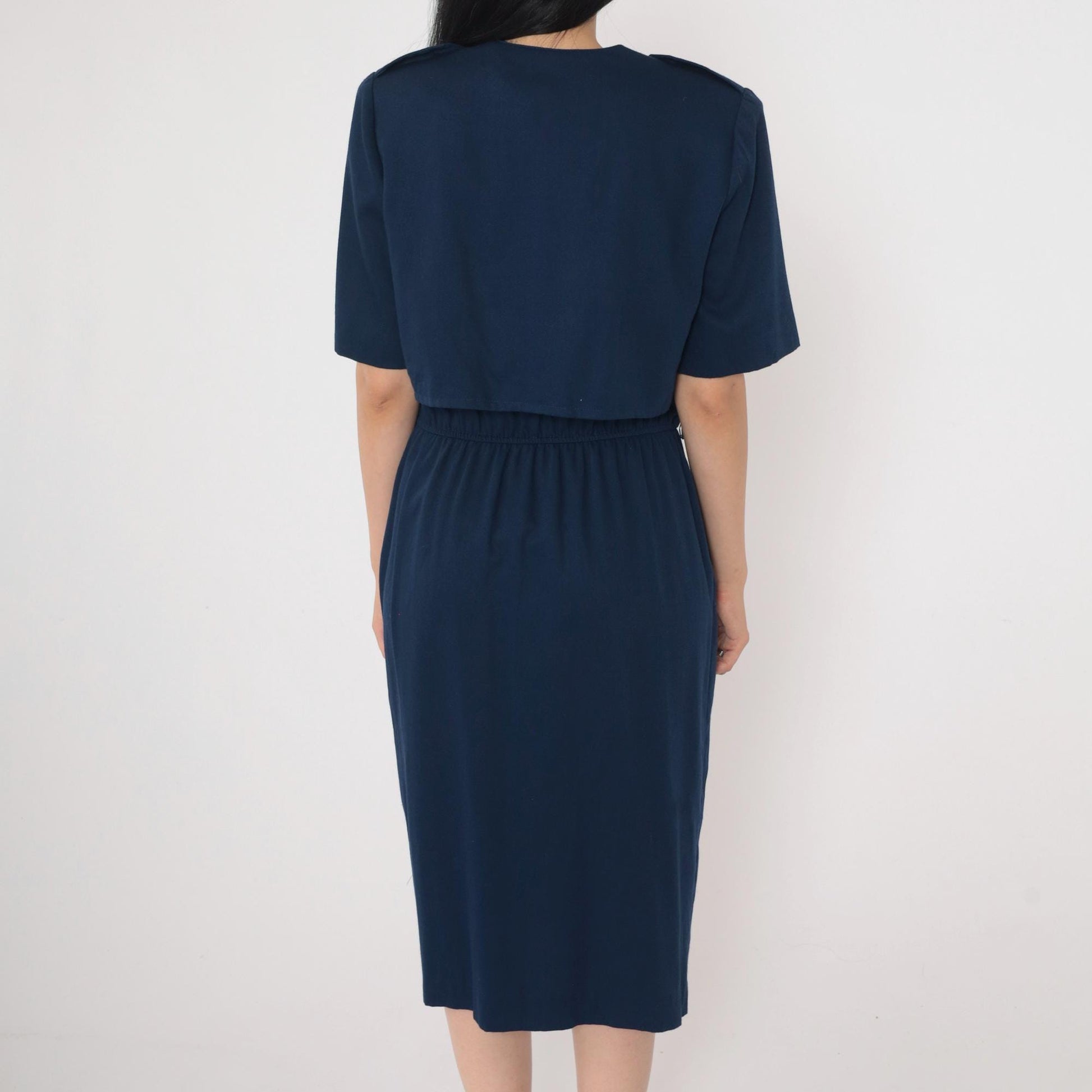 90s Navy Midi Shirt Dress High Waist Epaulette Button Up Medium