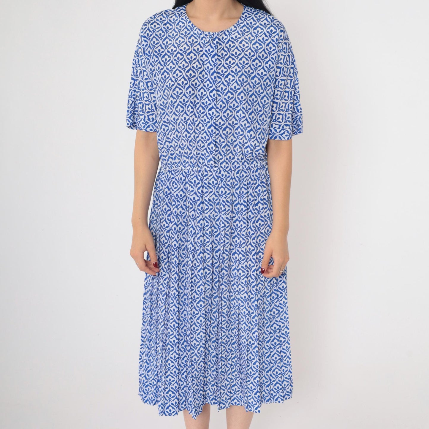 90s Talbots Petites Button-Up Shirtdress Blue Geometric Pleated Midi Small