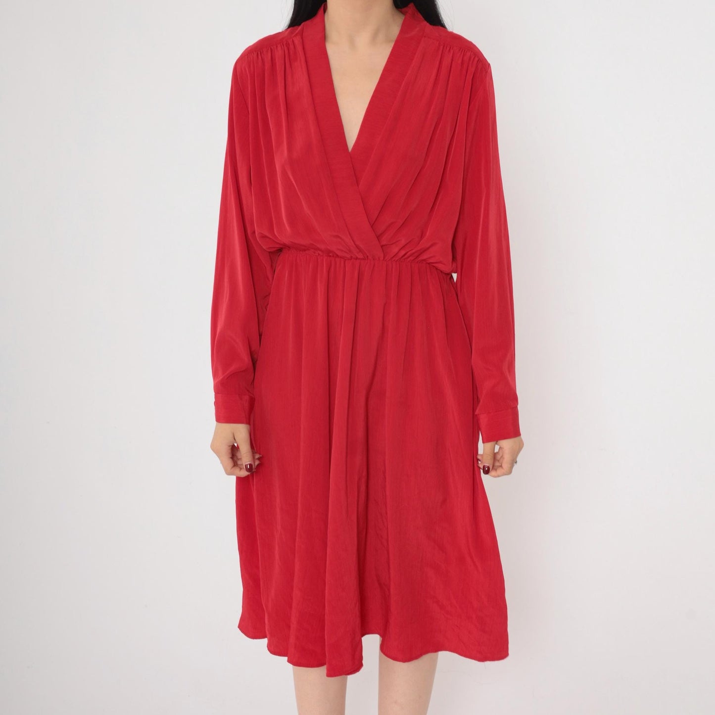 90s Red Wrap Midi Dress Deep V Neck High Waist Long Sleeve Medium