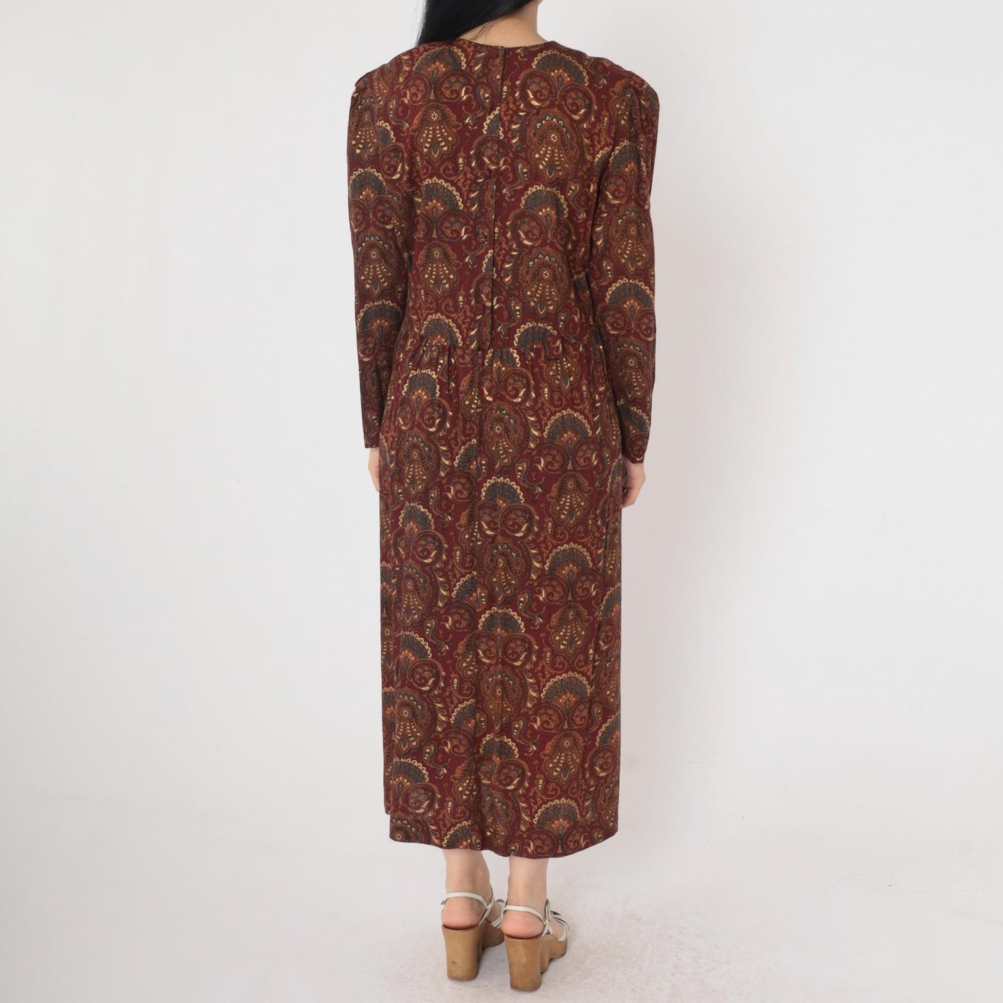 90s Maroon Paisley Midi Dress Gold Trim Puff Sleeve Button Back Medium