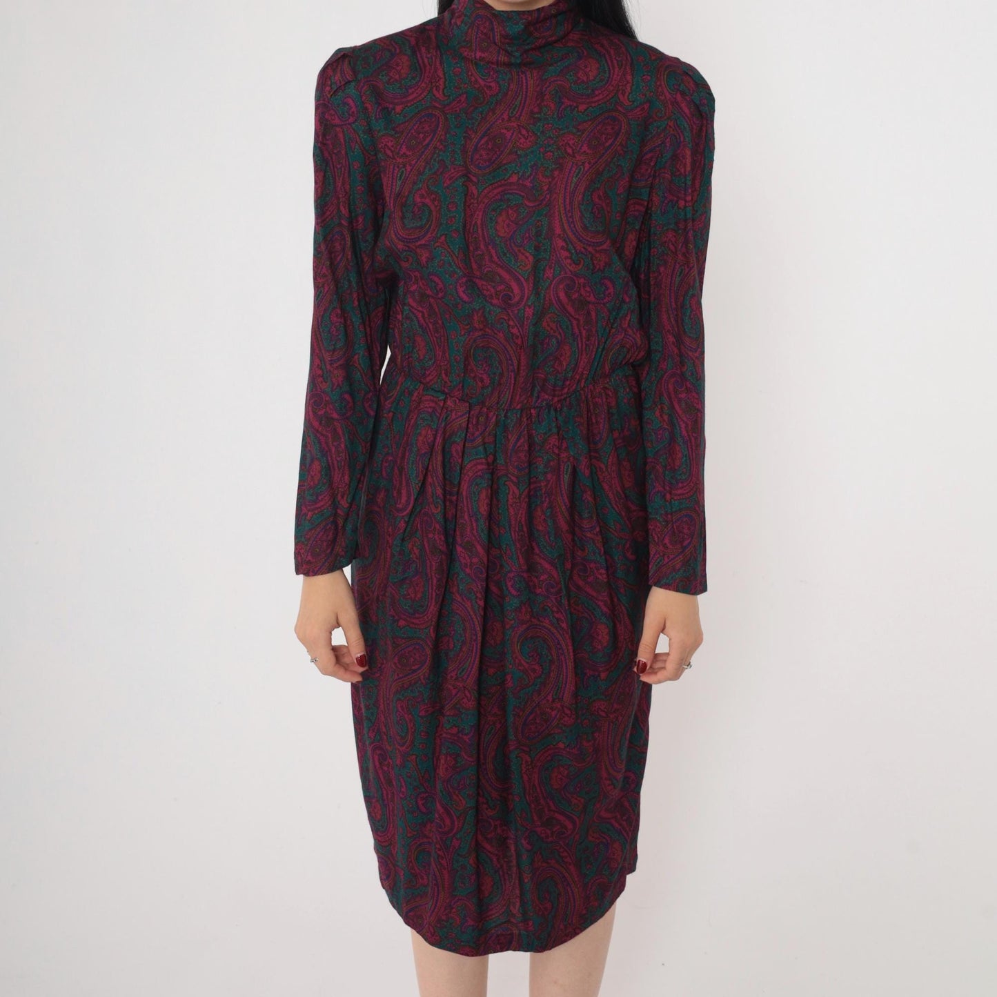 80s Paisley Midi Dress Mock Neck Puff Sleeve Pleated High Waist Small 6