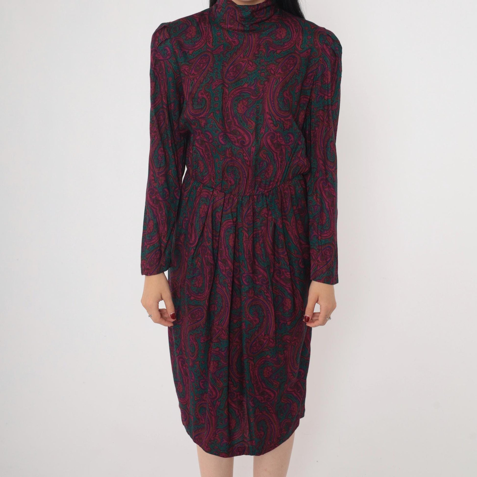80s Paisley Midi Dress Mock Neck Puff Sleeve Pleated High Waist Small 6