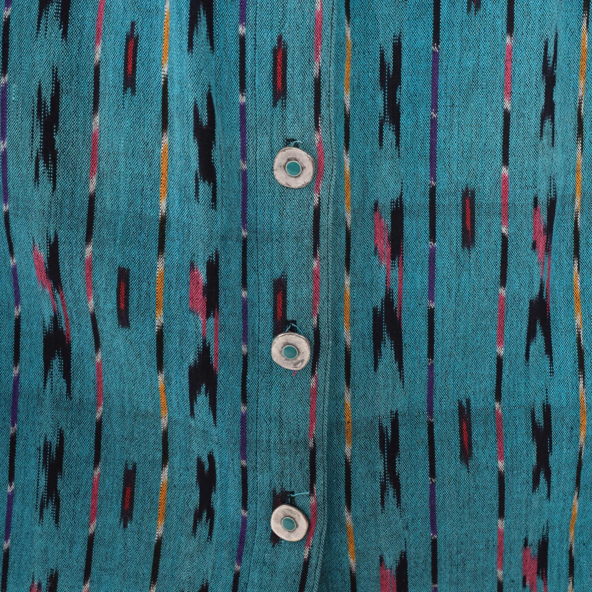 90s Teal Ikat Midi Skirt Button Front High Waist Southwestern Extra Small