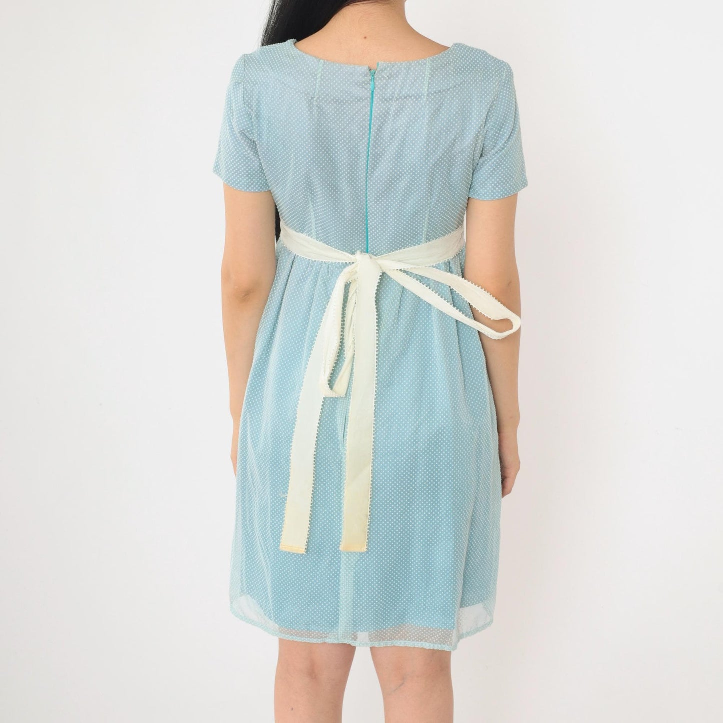 1970s Swiss Dot Babydoll Mini Dress Baby Blue Empire Waist Extra Small